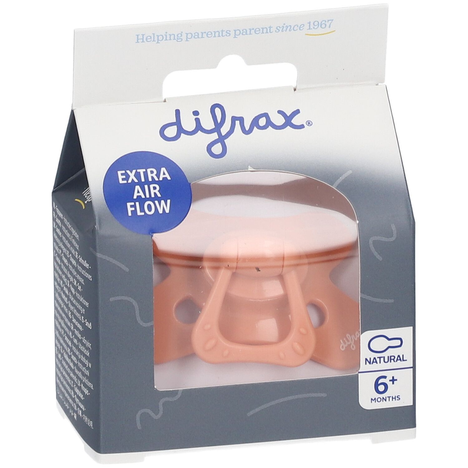 Verpackung mit Schnuller. Sichtbar: Silikonsauger, rosa. Text: Extra Air Flow, 6+ Monate, Natural.