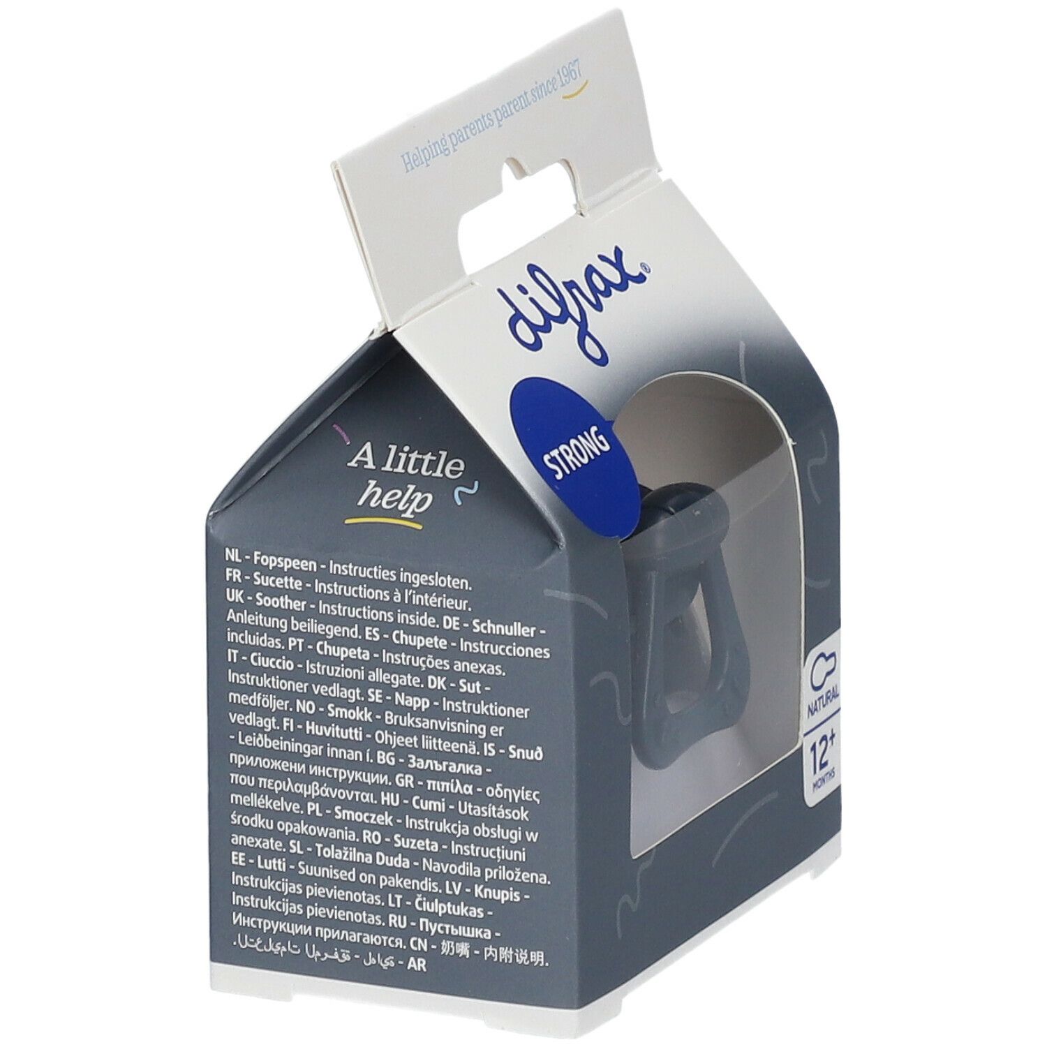 Verpackung mit Schnuller. Marke difrax, Aufschrift "STRONG". Text in mehreren Sprachen. Altersempfehlung.