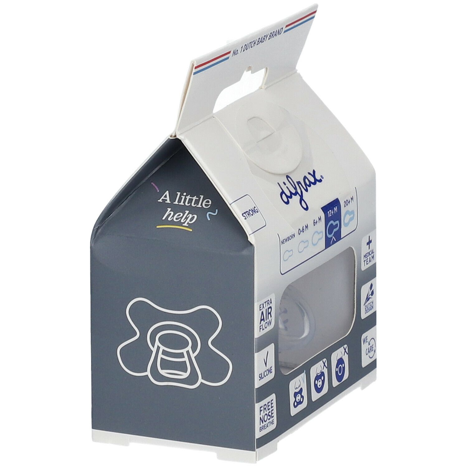 Verpackung mit Schnuller. Marke difrax, Aufschrift "STRONG". Altersempfehlungen. Silikon, extra Luftzirkulation.