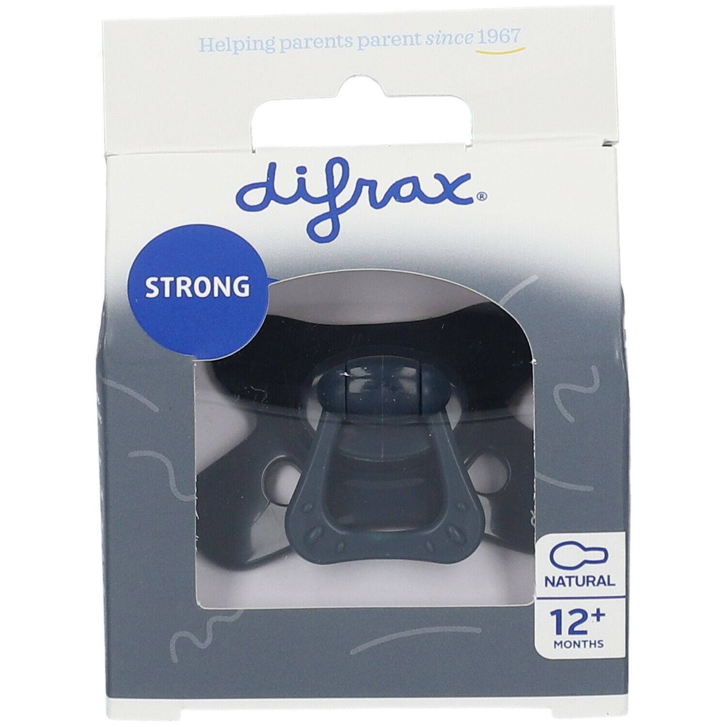 Dunkelgrauer Schnuller in Verpackung. Marke difrax, Aufschrift "STRONG", "12+ MONTHS".