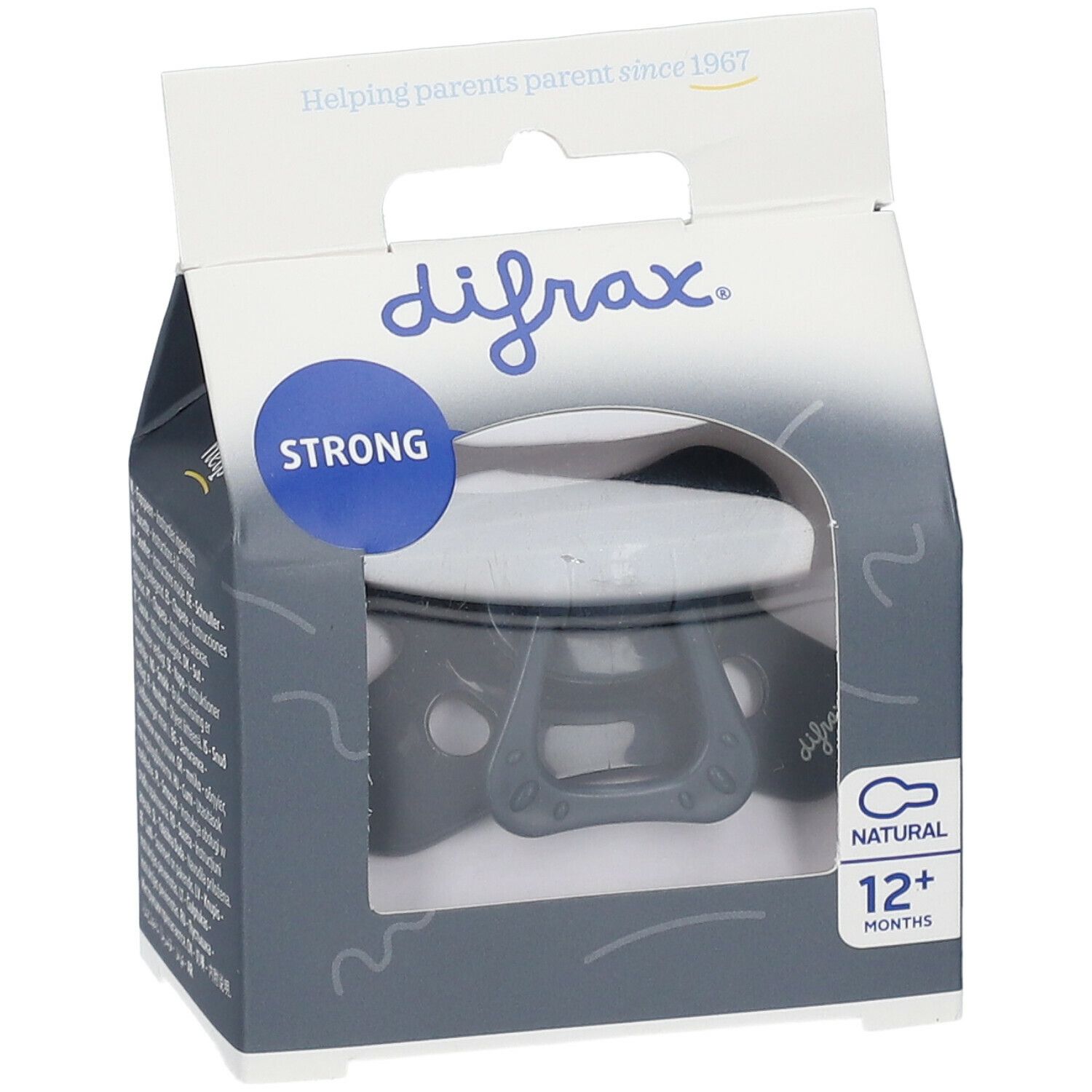 Schnuller in Verpackung. Marke difrax, Aufschrift "STRONG", "12+ MONTHS". Sichtbar: grauer Schnuller.