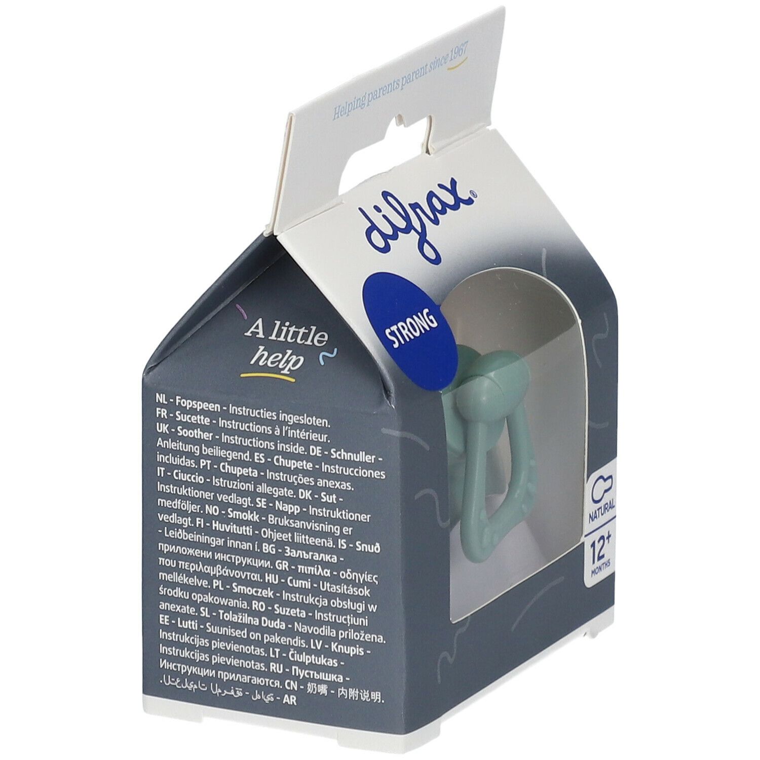 Grüner Schnuller in Verpackung. Marke: difrax. Altersempfehlung: 12+ Monate. Verpackung mit mehrsprachigen Texten.