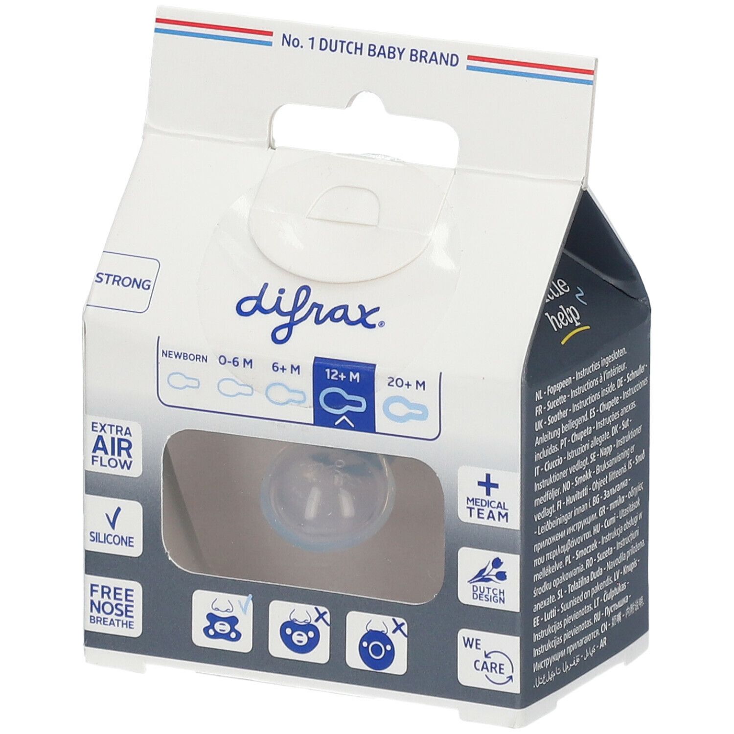 Verpackung mit Schnuller. Marke: difrax. Altersempfehlung: 12+ Monate. Mit Logo und Icons. 'Extra Air Flow'.