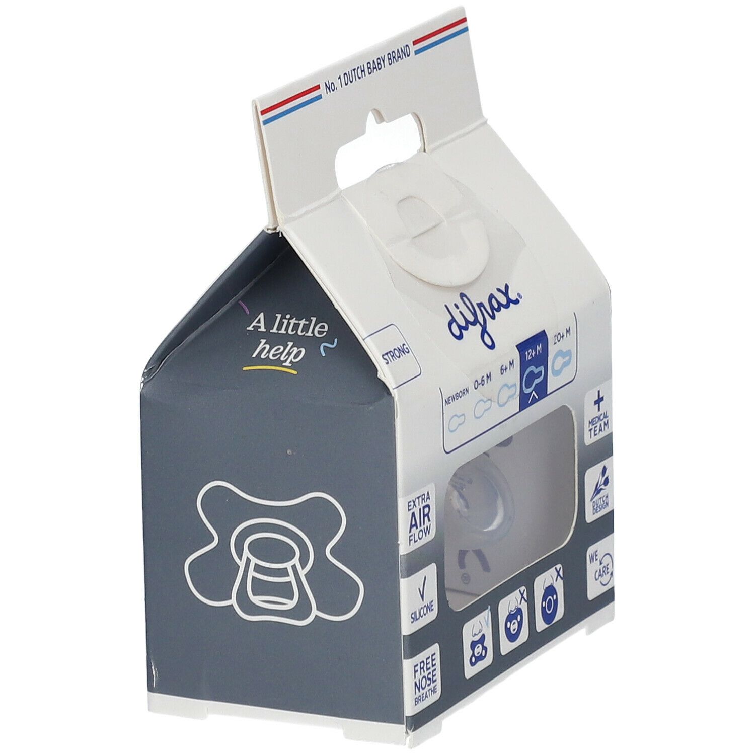 Verpackung mit Schnuller. Marke: difrax. Altersempfehlung: 12+ Monate. Mit Logo und Icons. 'Extra Air Flow'.