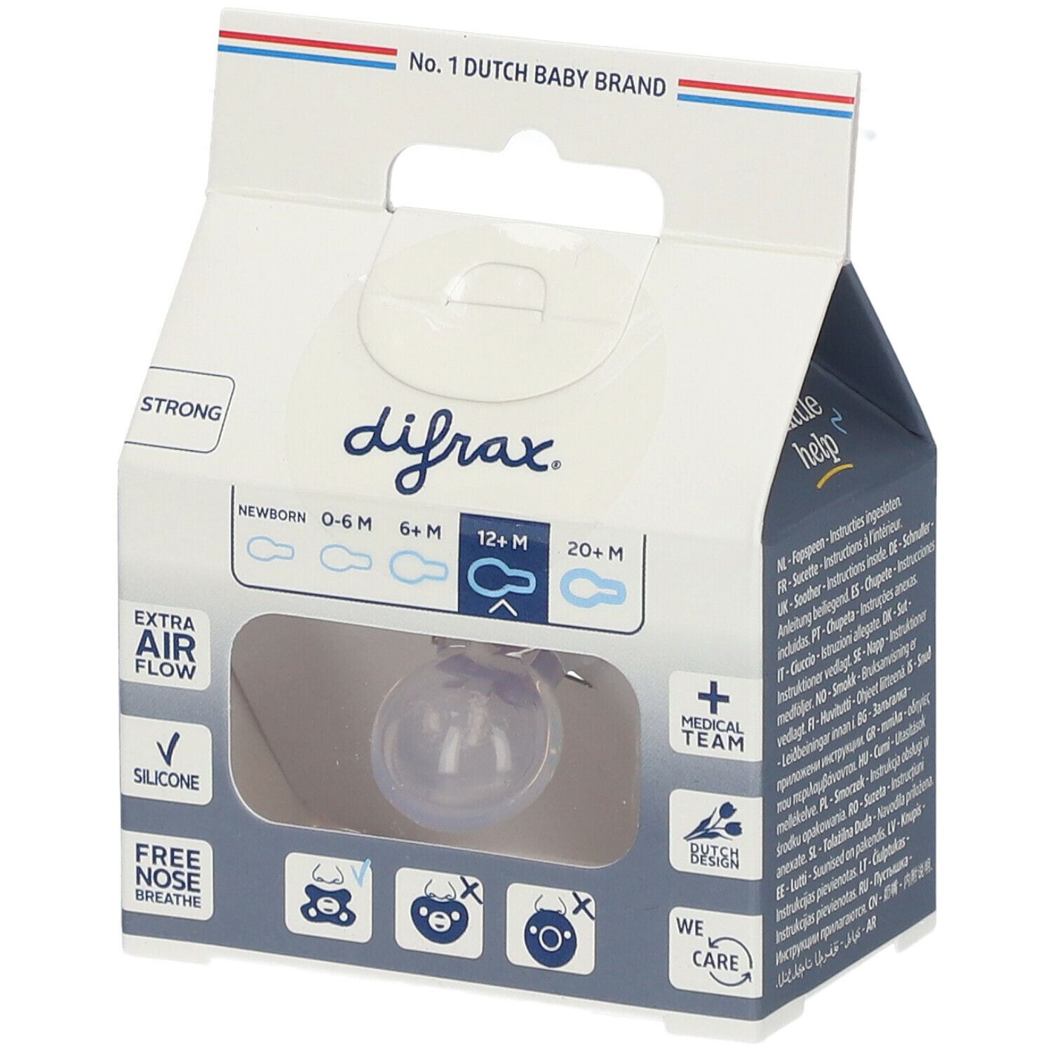 Verpakking met transparante fopspeen. Merk, aanbevolen leeftijd 12+ maanden. Tekst: 'Extra Air Flow', 'Silicone'. 'No. 1 Dutch Baby Brand'.