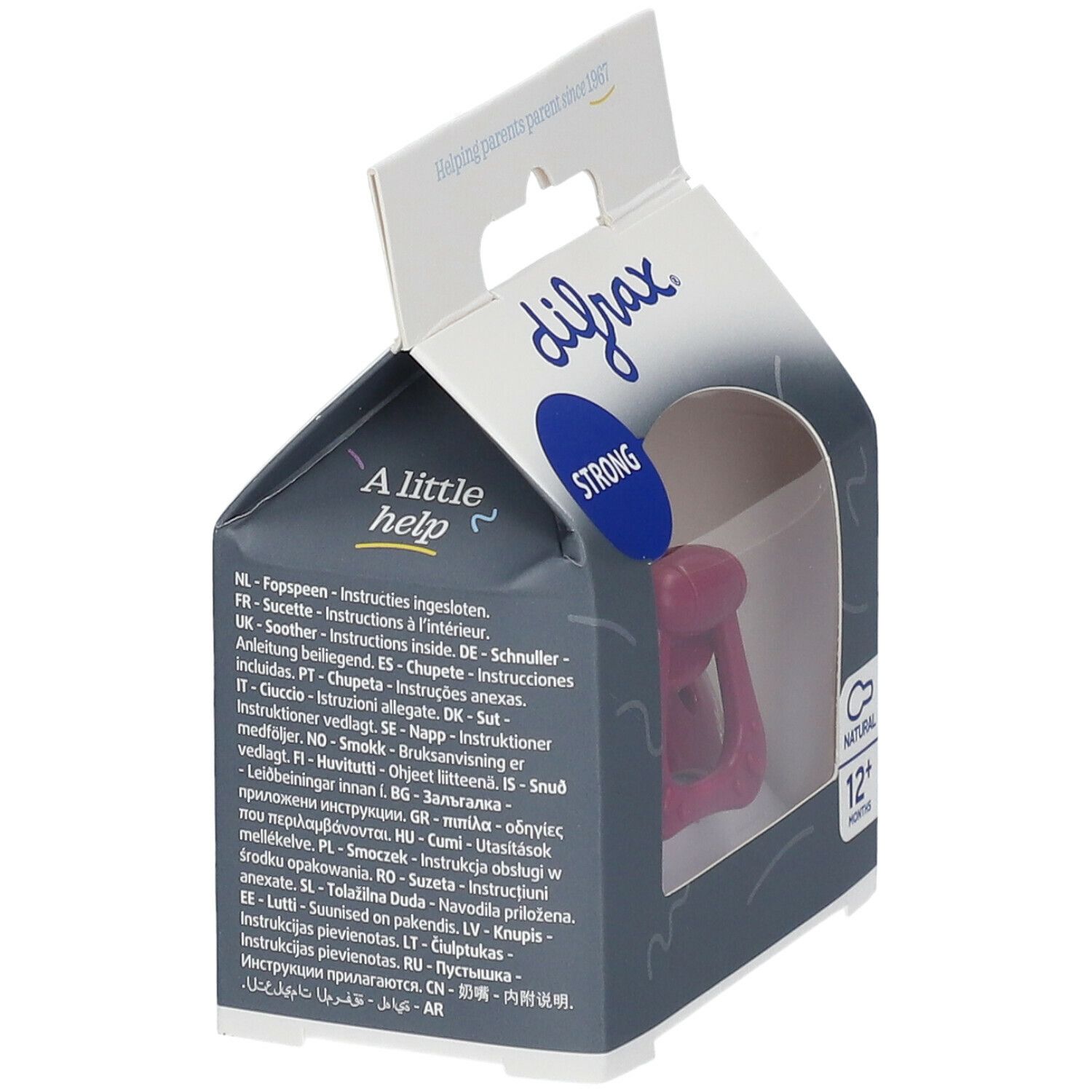 DIFRAX Natürlicher Silikonsauger ab 12 Monaten in Verpackung. Roter Sauger mit Griff. Verpackung mit Text in mehreren Sprachen.