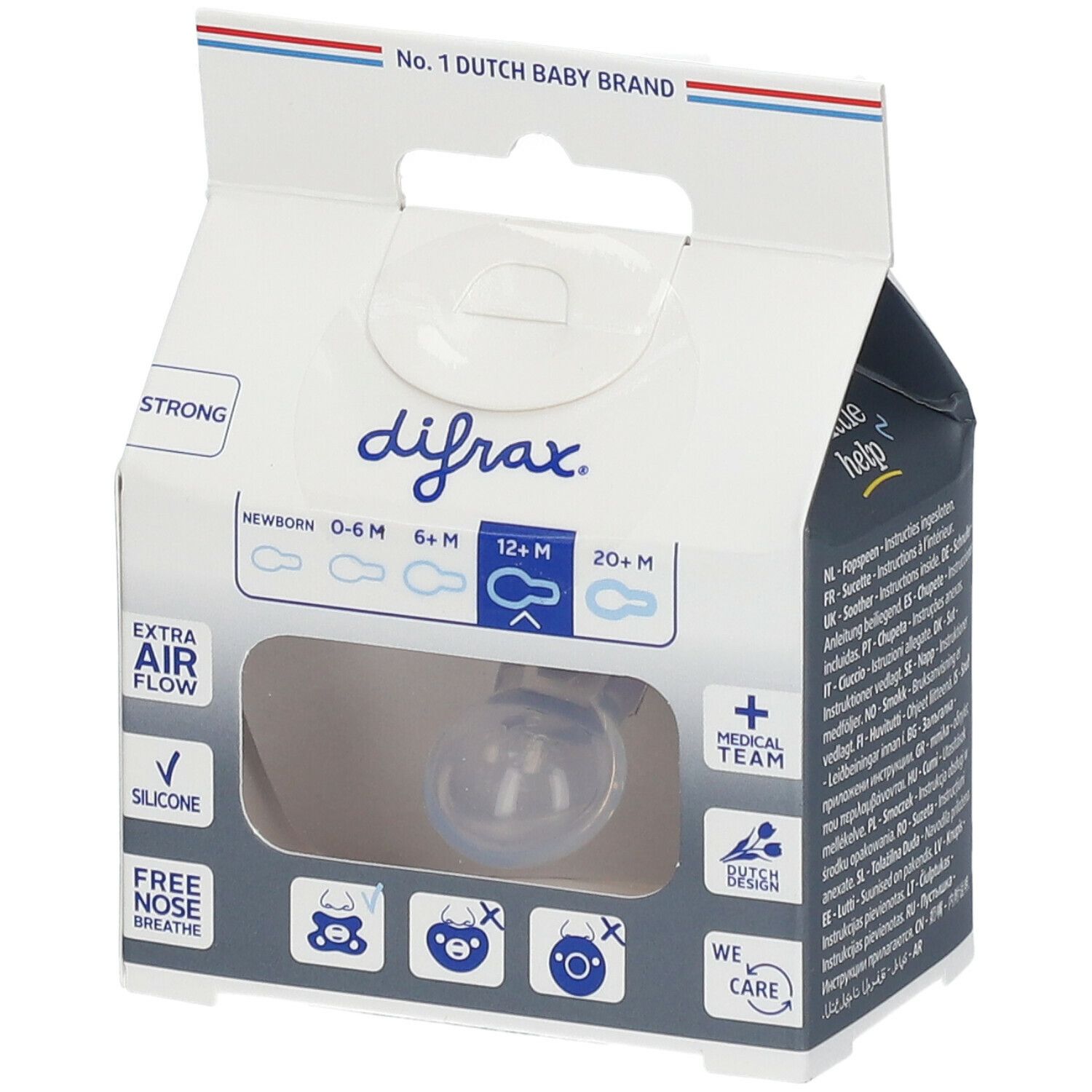 DIFRAX Natürlicher Silikonsauger ab 12 Monaten in Verpackung. Transparenter Sauger. Verpackung mit Logo, Altersangabe und Icons.