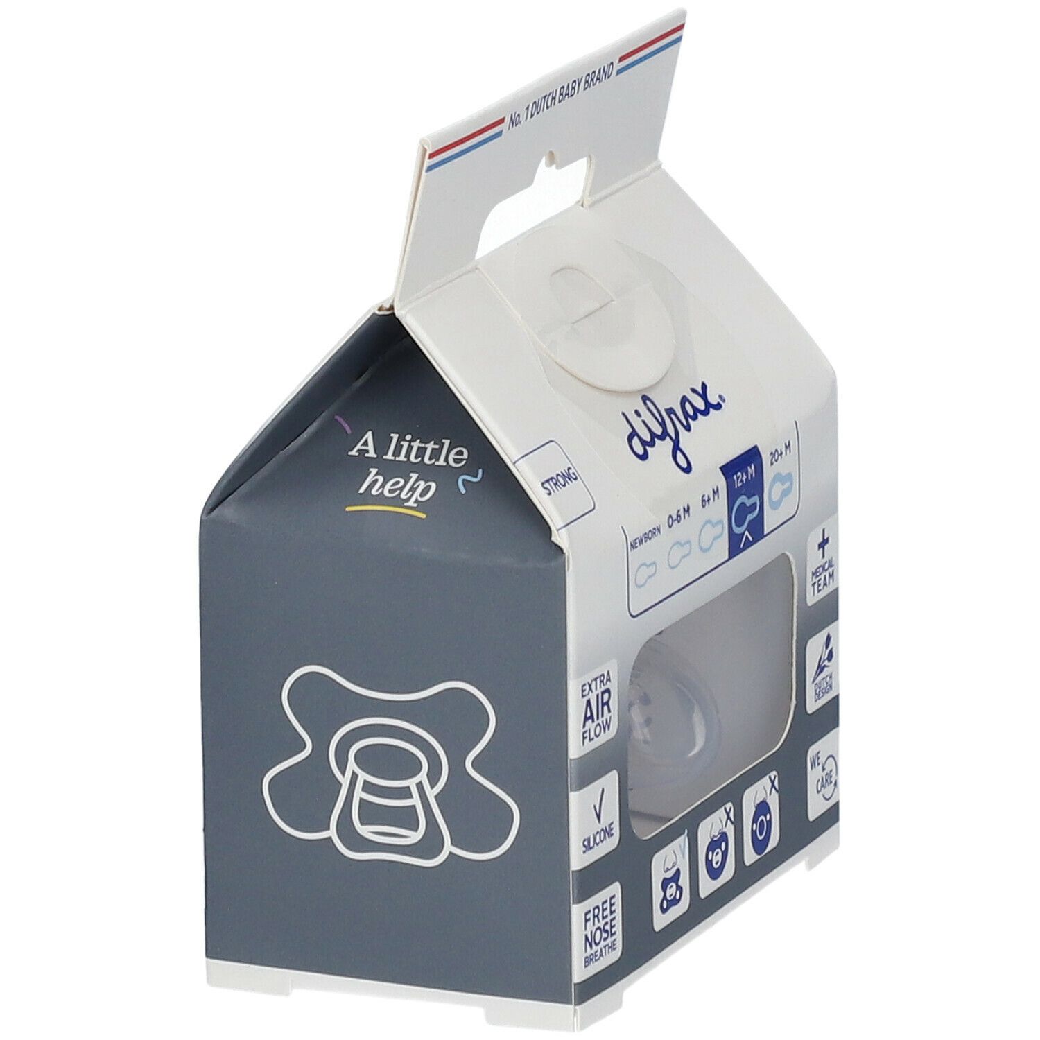DIFRAX Natürlicher Silikonsauger ab 12 Monaten in Verpackung. Transparenter Sauger. Verpackung mit Logo, Altersangabe und Icons.