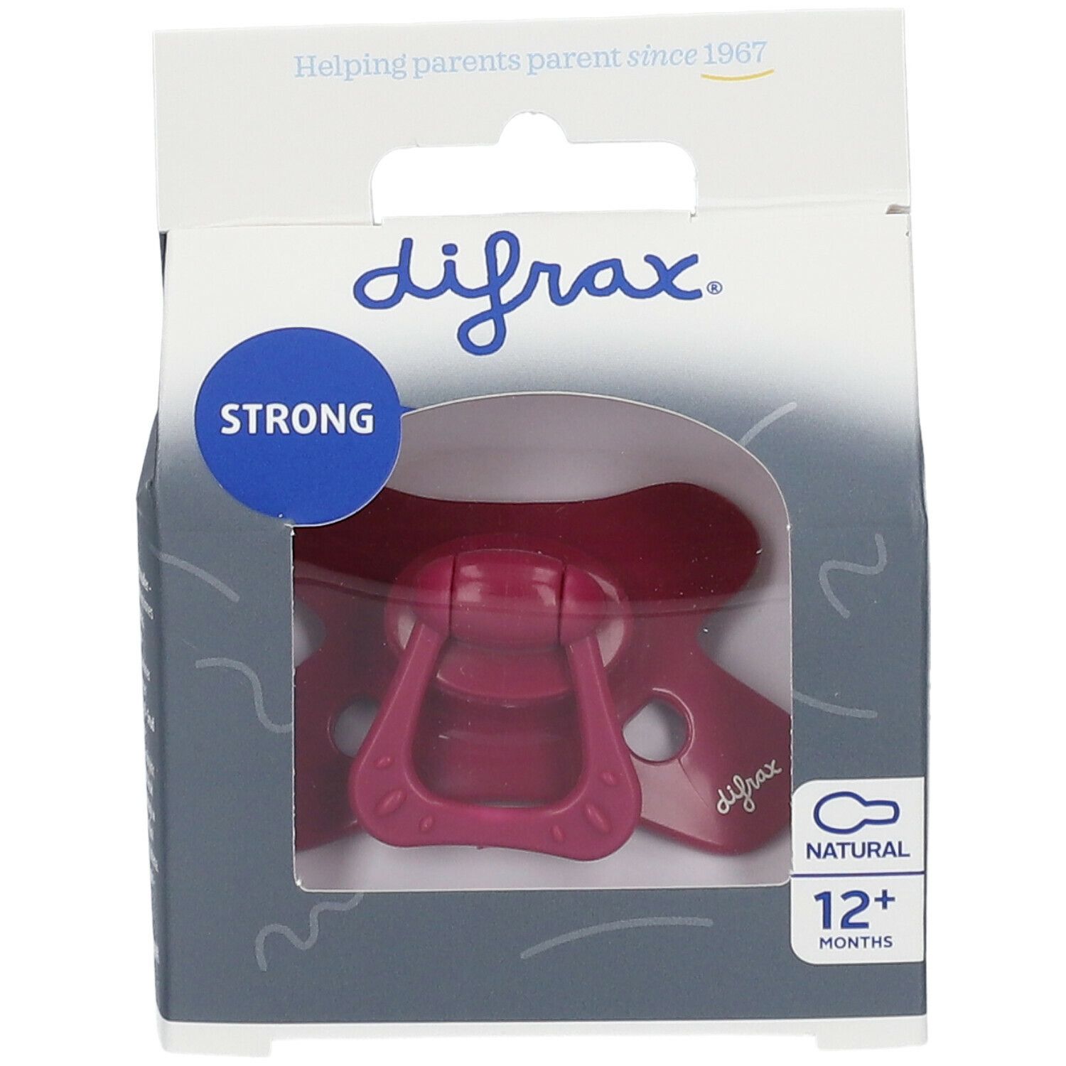 DIFRAX Natürlicher Silikonsauger ab 12 Monaten in Verpackung. Roter Sauger mit Griff. Verpackung mit Logo und Altersangabe.