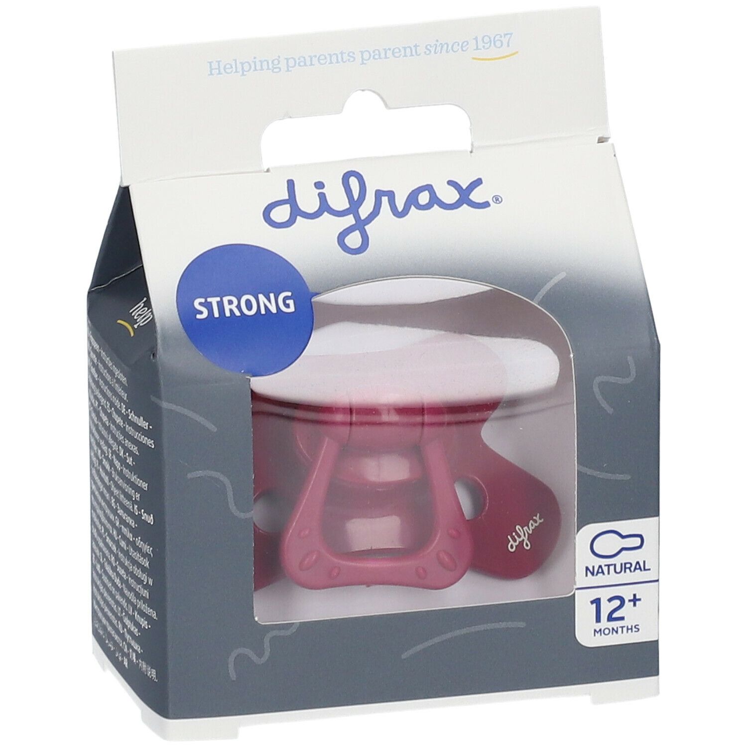 DIFRAX Natürlicher Silikonsauger ab 12 Monaten in Verpackung. Roter Sauger mit weißem Teil. Verpackung mit Logo und Altersangabe.