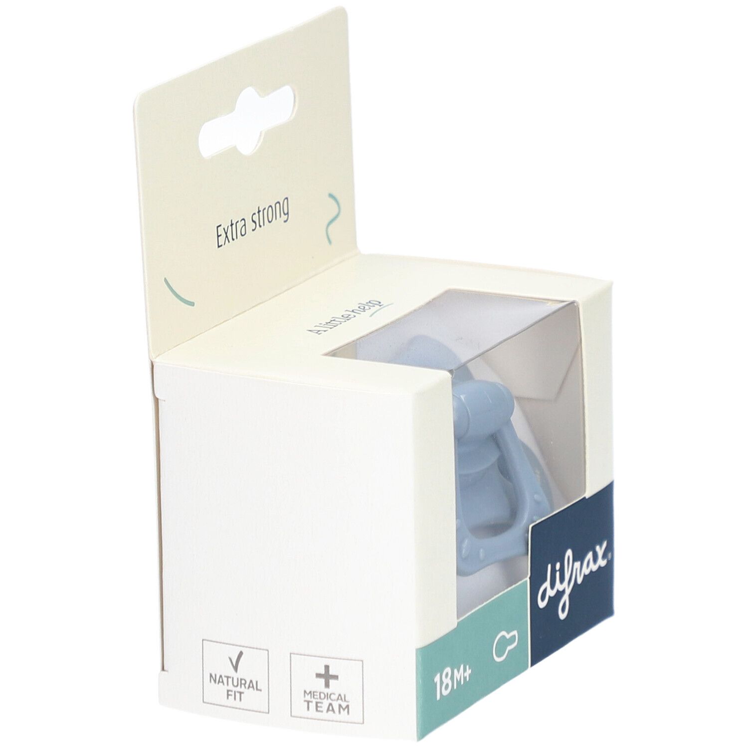 Blauer Schnuller in geöffneter Verpackung. Sichtbar: difrax. Aufdruck: 18M+ und Natural Fit.