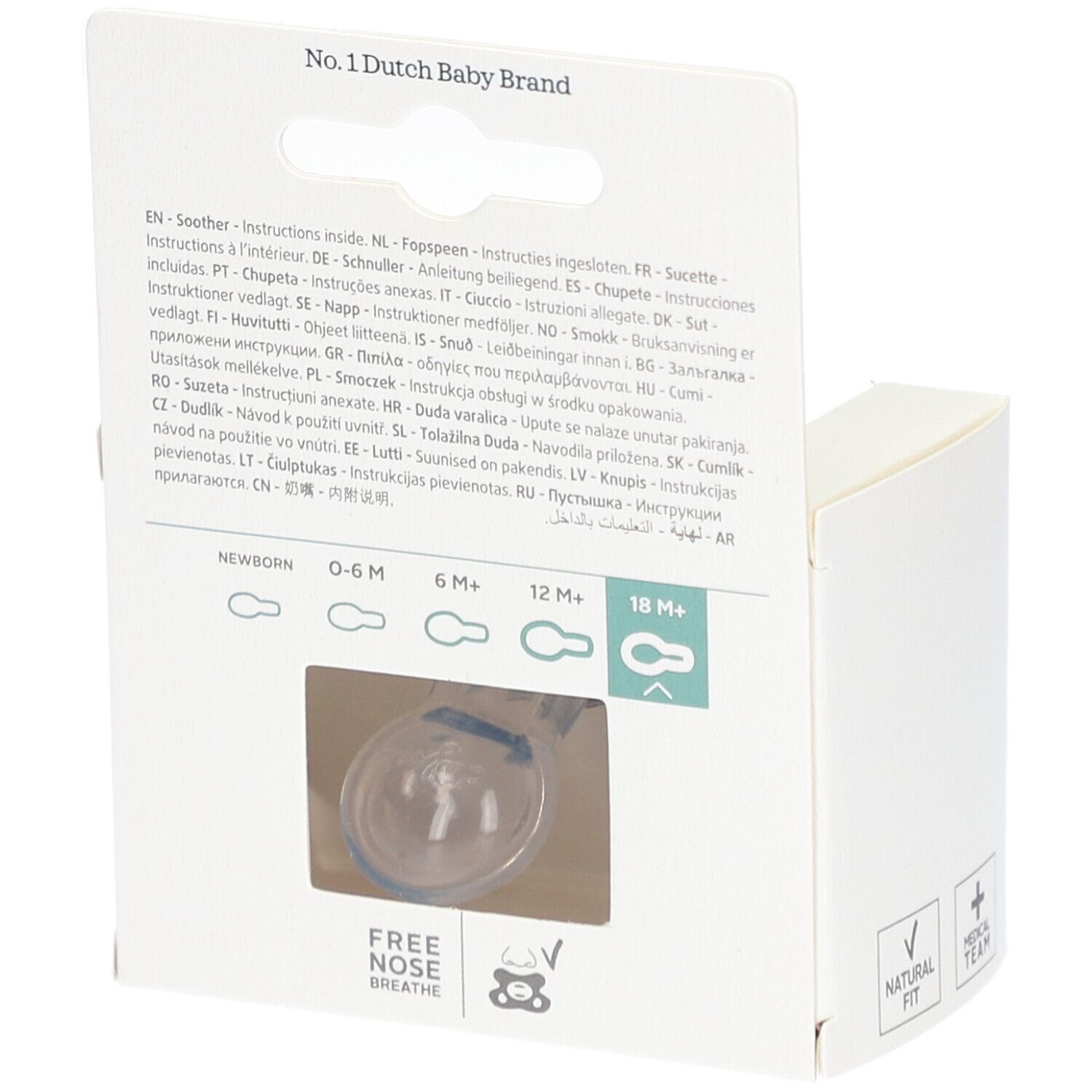 Rückseite der Verpackung. Text in mehreren Sprachen. Sichtbar: 18M+ und Free Nose Breathe.