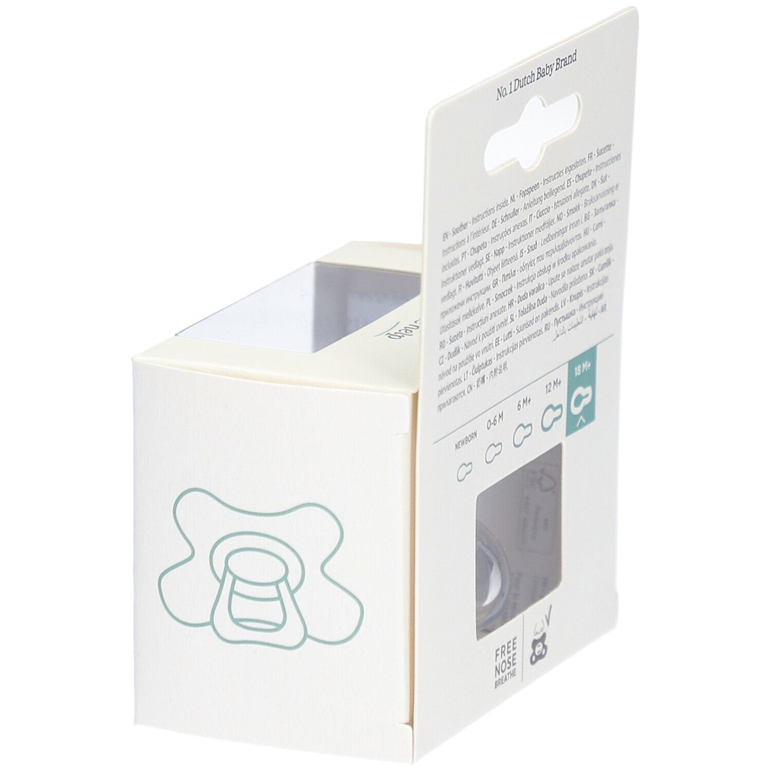 Geöffnete Verpackung. Sichtbar: 18M+ und Free Nose Breathe. Aufdruck: No. 1 Dutch Baby Brand.