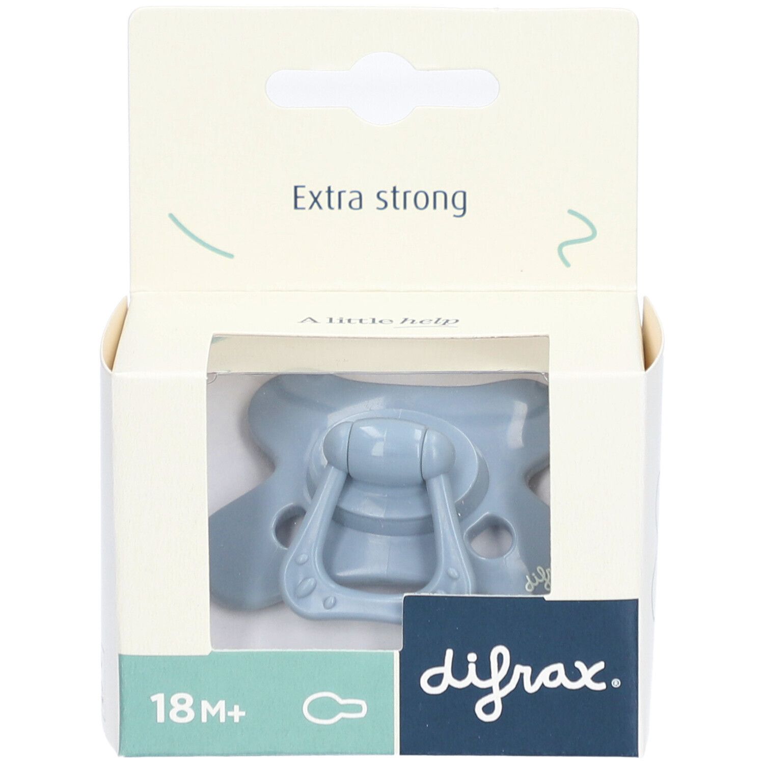 Blauer Schnuller in Verpackung. Sichtbar: difrax. Aufdruck: 18M+ und Extra strong.