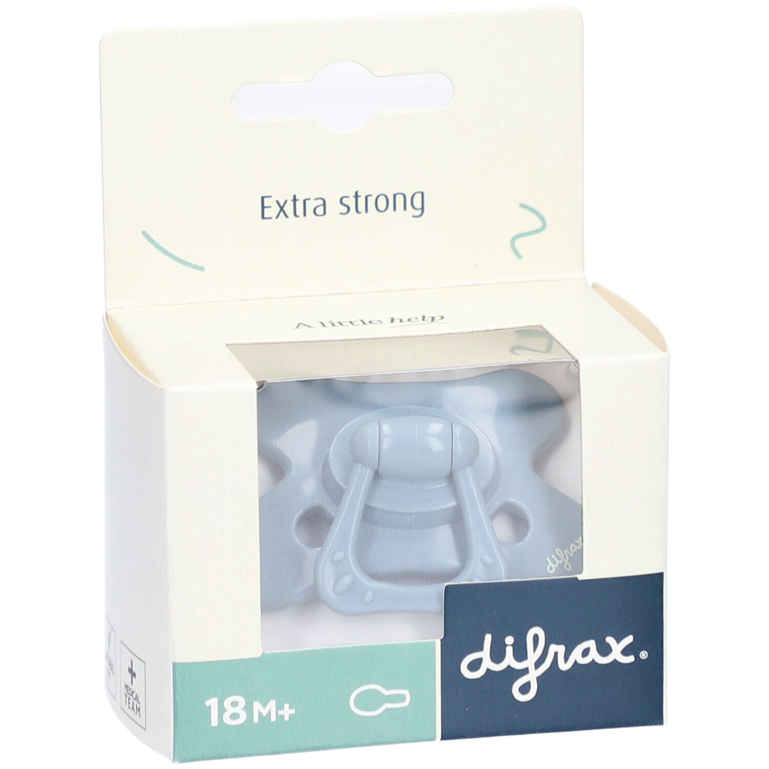 Blauer Schnuller in Verpackung. Sichtbar: difrax. Aufdruck: 18M+ und Extra strong.