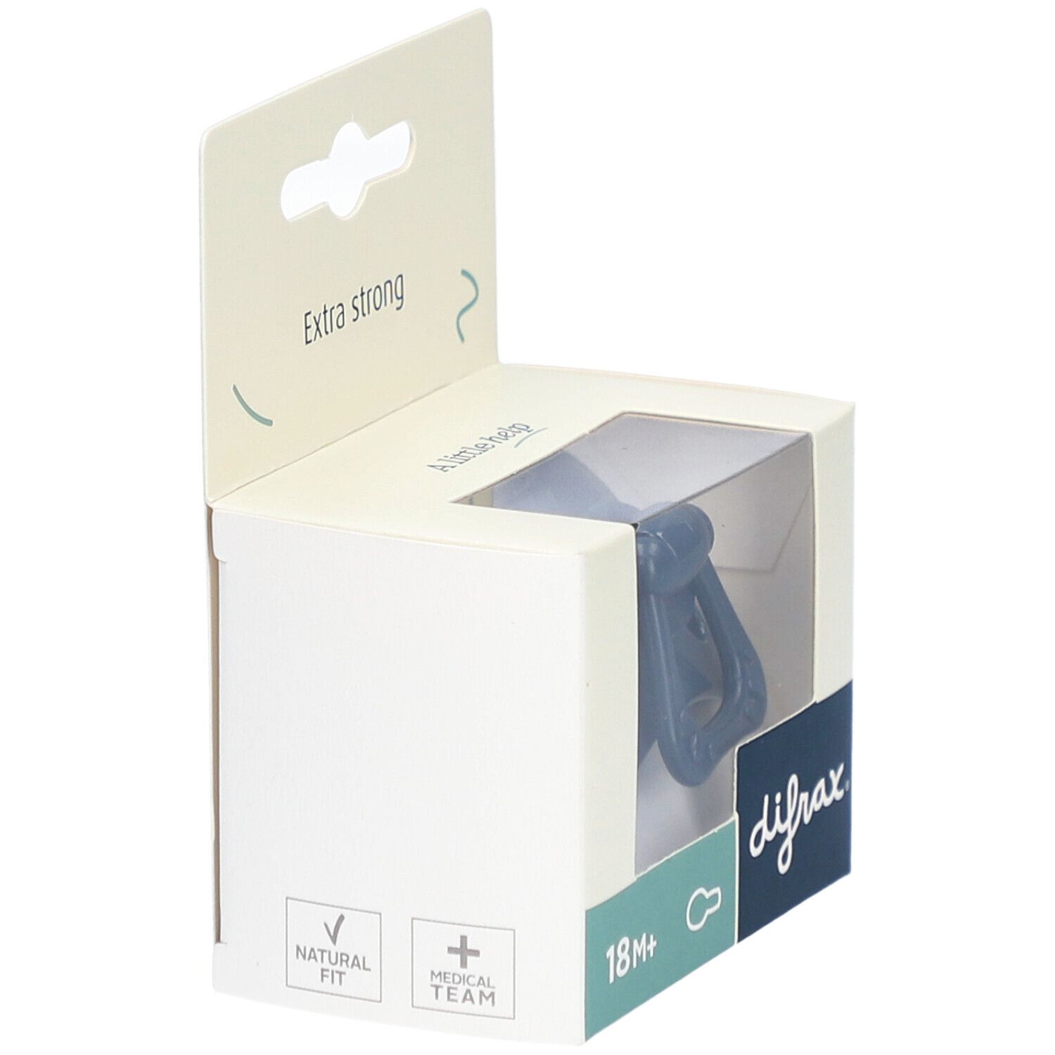 Verpackung mit dunkelblauem Schnuller. Aufschrift: Extra Strong, Natural, 20+ Monate. Marke: difrax. Mehrsprachige Texte.