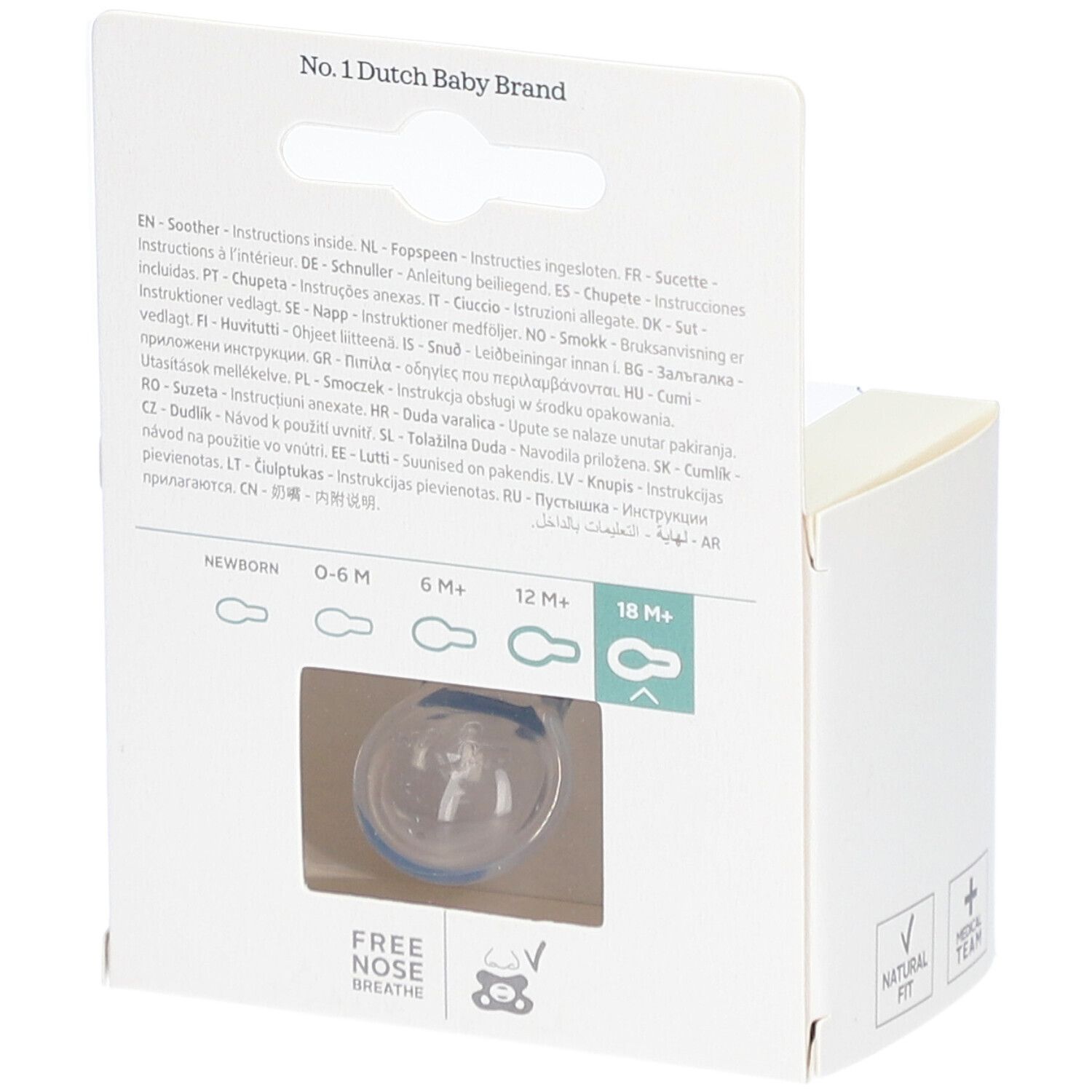 Verpackung mit Schnuller. Sichtfenster. Aufschrift: Extra Air Flow, Silicone, Free Nose Breathe, 20+ M. Marke: difrax.