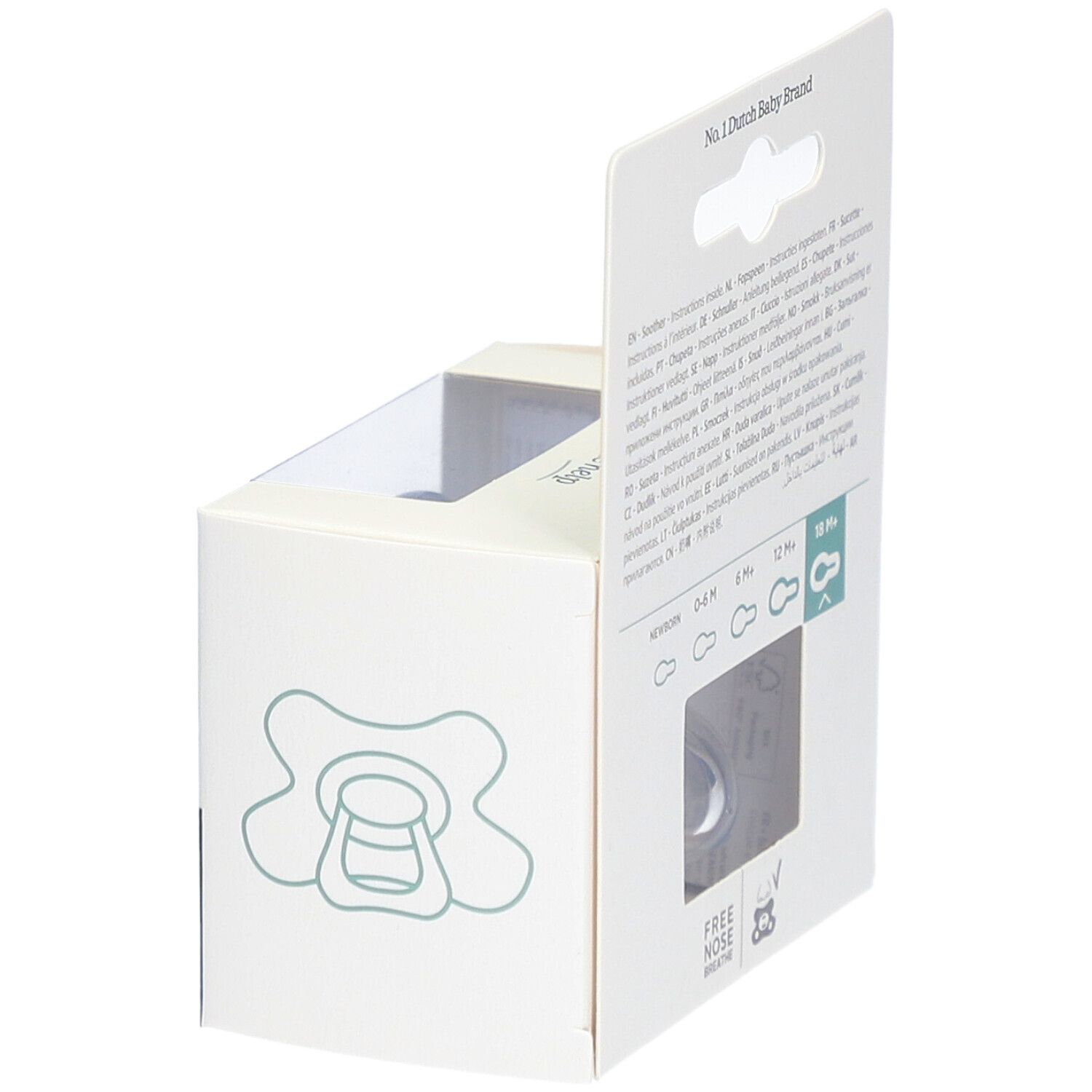 Verpackung mit Schnuller. Sichtfenster. Aufschrift: Extra Air Flow, Silicone, Free Nose Breathe, 20+ M. Marke: difrax.