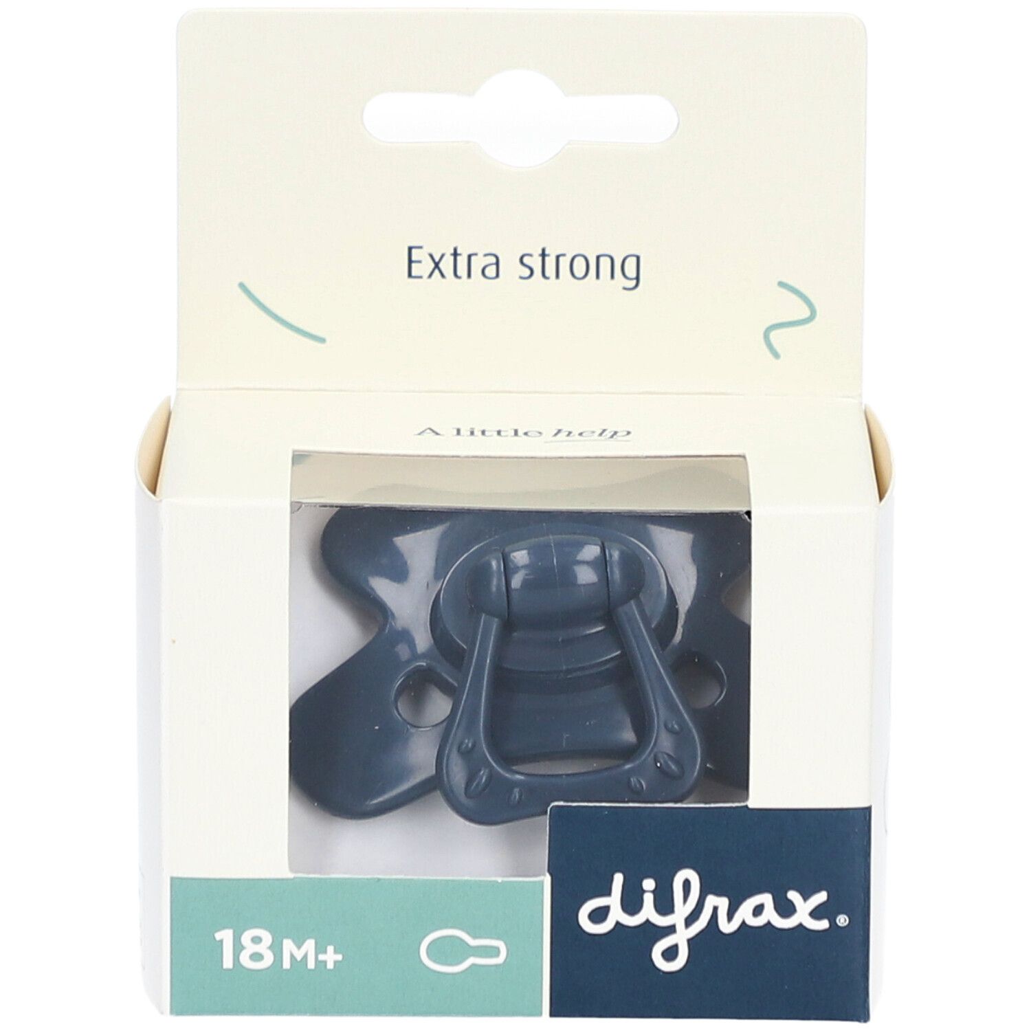 Dunkelblauer Schnuller in Verpackung. Aufschrift: Extra Strong, Natural, 20+ Monate. Marke: difrax.