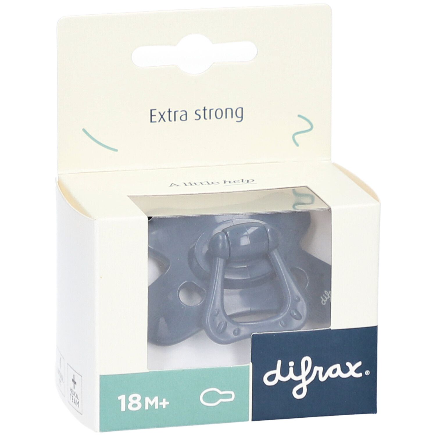 Dunkelblauer Schnuller in Verpackung. Aufschrift: Extra Strong, Natural, 20+ Monate. Marke: difrax.