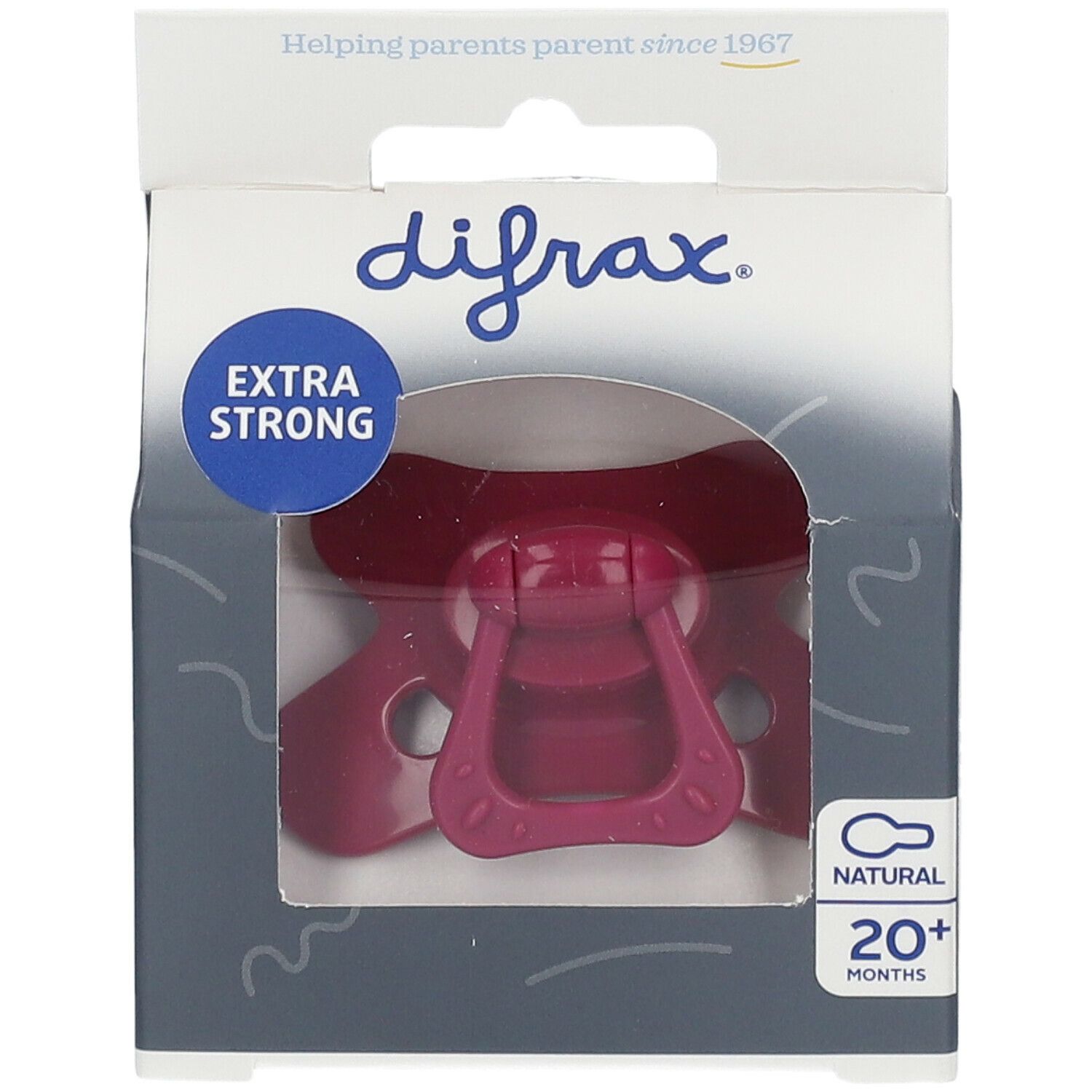 Verpakking met speen. Zichtbaar: Extra Strong, 20+ maanden, natuurlijke siliconen speen. Product in venster.