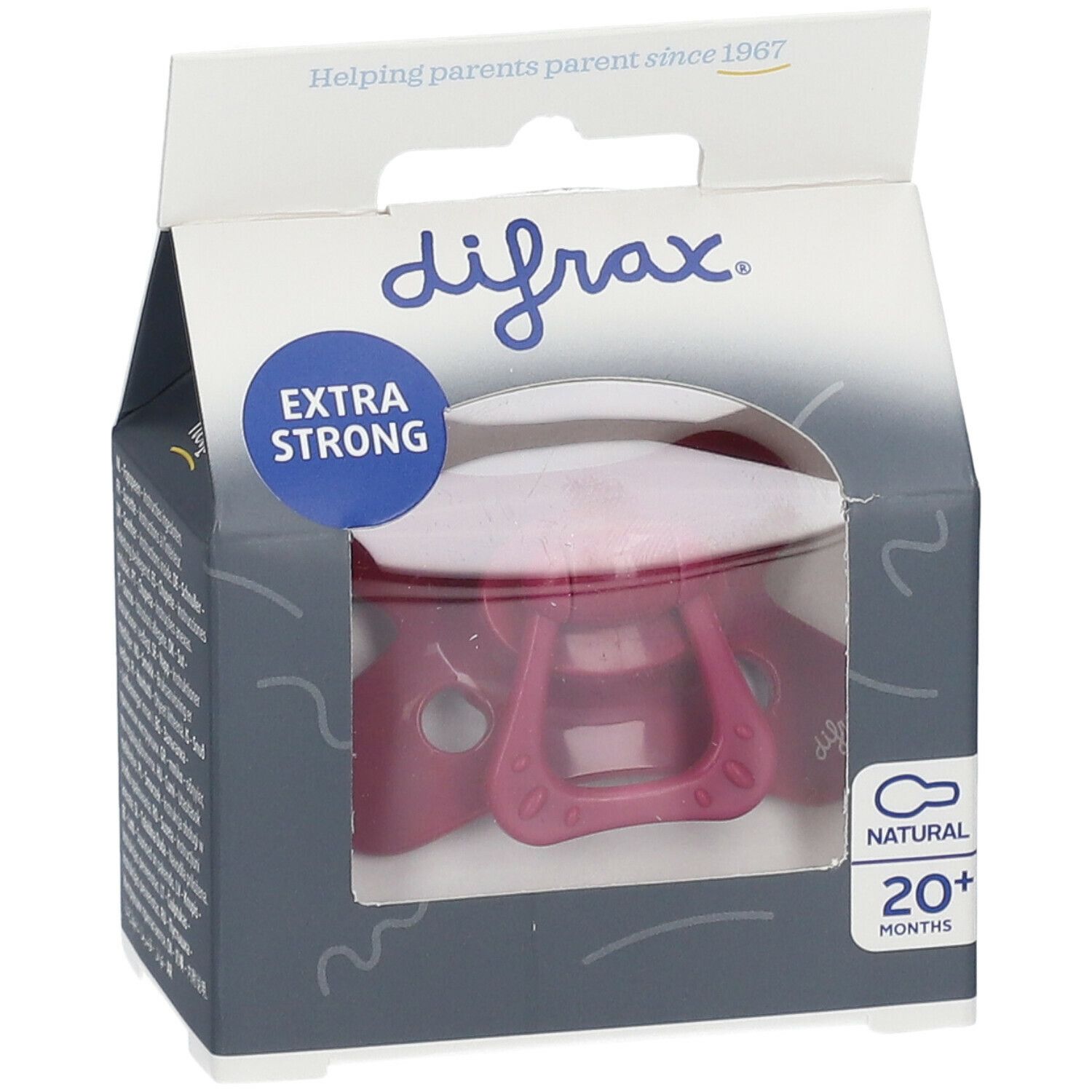 Verpakking met speen. Zichtbaar: Extra Strong, 20+ maanden, natuurlijke siliconen speen. Product in venster.