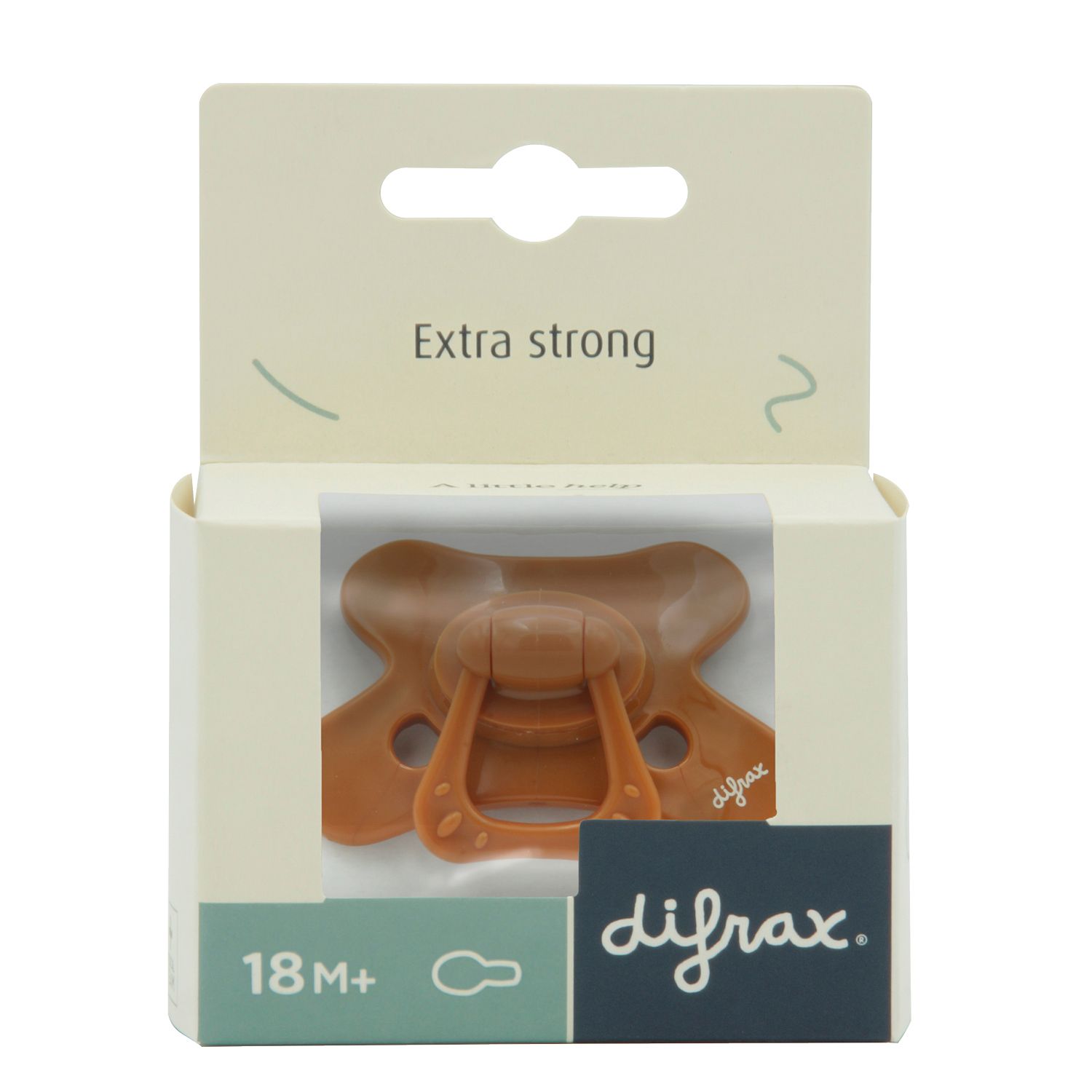 Tétine silicone DIFRAX dans emballage. Marron, 18+ mois. Extra forte.