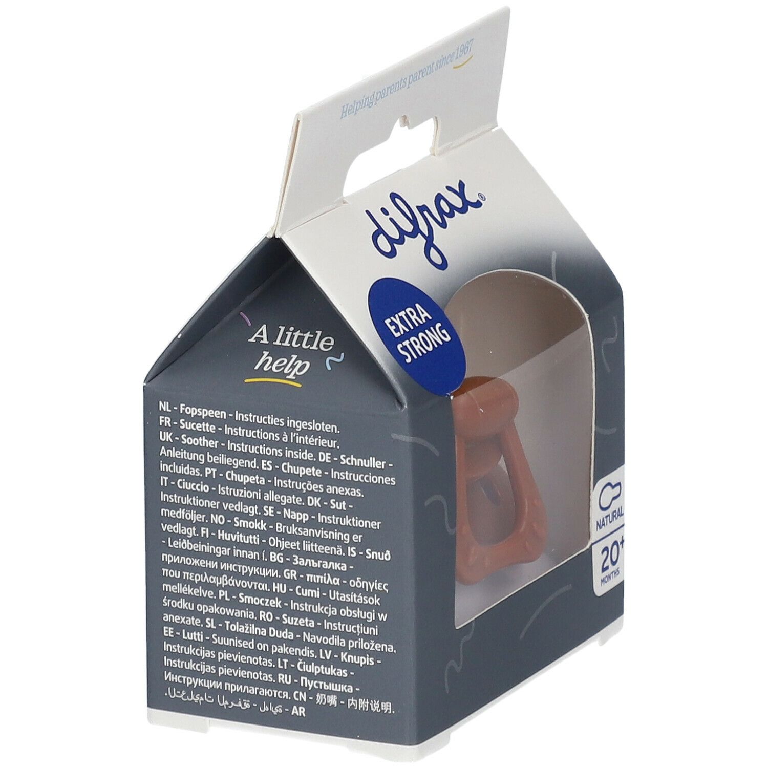 Tétine en silicone DIFRAX dans son emballage. Marron, 20+ mois. Extra forte.