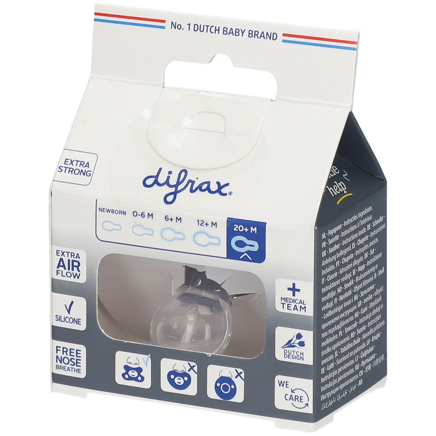Tétine silicone DIFRAX dans emballage. Transparent, 20+ mois. Extra Airflow.