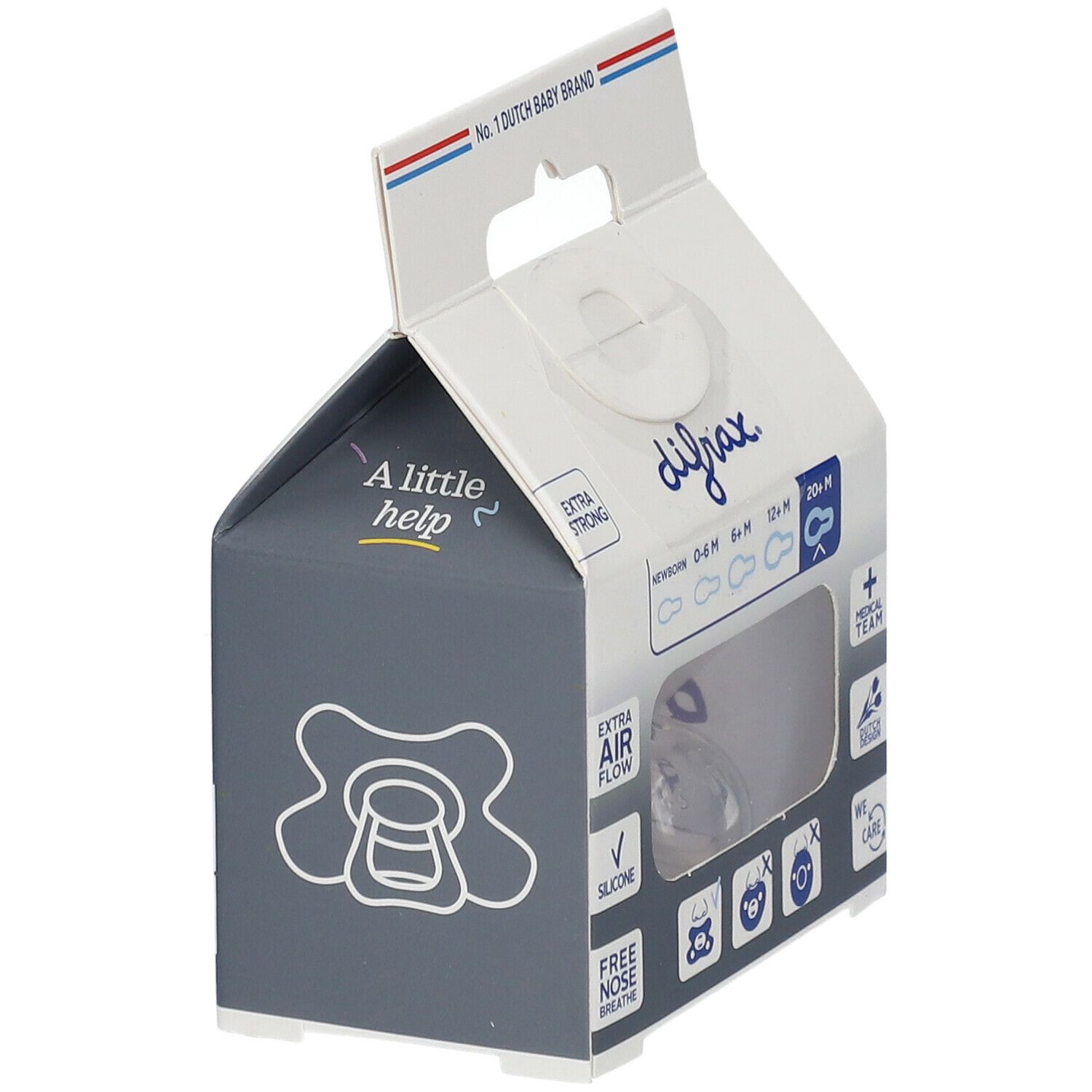 Tétine silicone DIFRAX dans emballage. Transparent, 20+ mois. Extra Airflow.