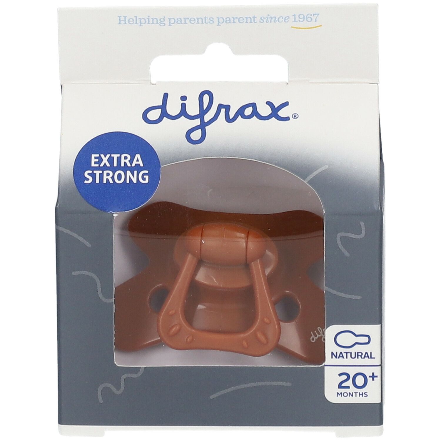Tétine silicone DIFRAX dans emballage. Marron, 20+ mois. Extra forte.