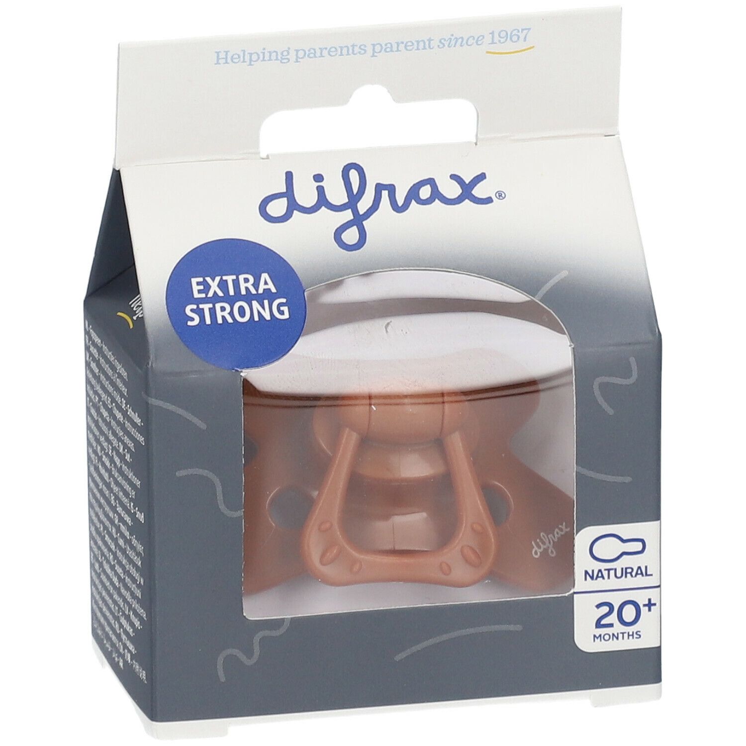 Tétine silicone DIFRAX dans emballage. Marron, 20+ mois. Extra forte.