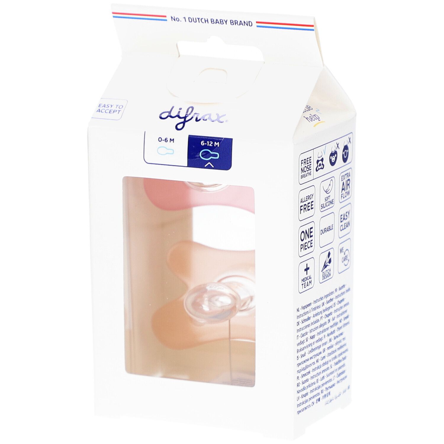Verpackung mit zwei Schnullern. Sichtbar: 6-12M, Silikon, transparent. Marke: Difrax. Verpackung mit Griff.