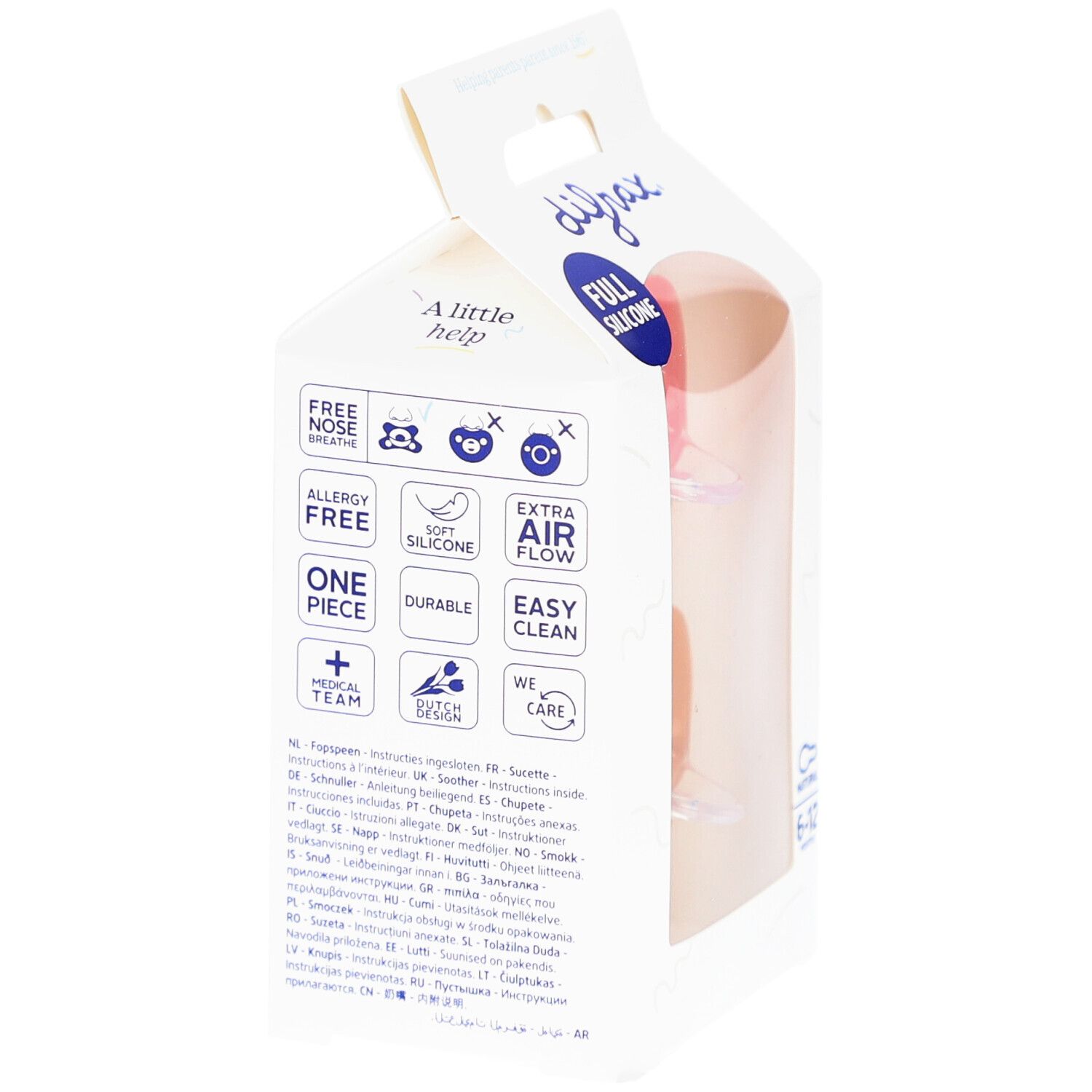 Verpackung mit zwei Schnullern. Sichtbar: Silikon, transparent. Marke: Difrax. Text: Full Silicone, Extra Air Flow.