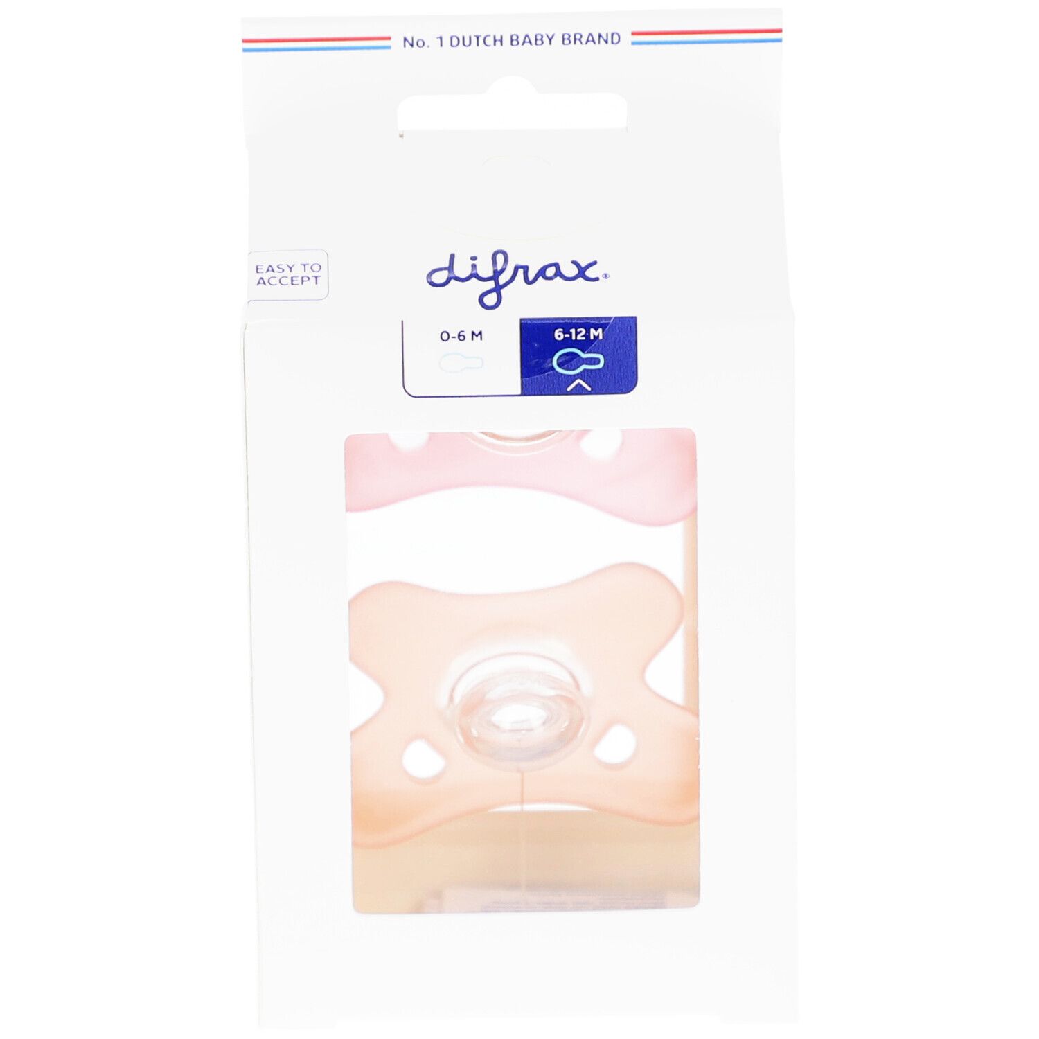 Verpackung mit einem Schnuller. Sichtbar: 6-12M, Silikon, transparent. Marke: Difrax. Text: Easy to accept.