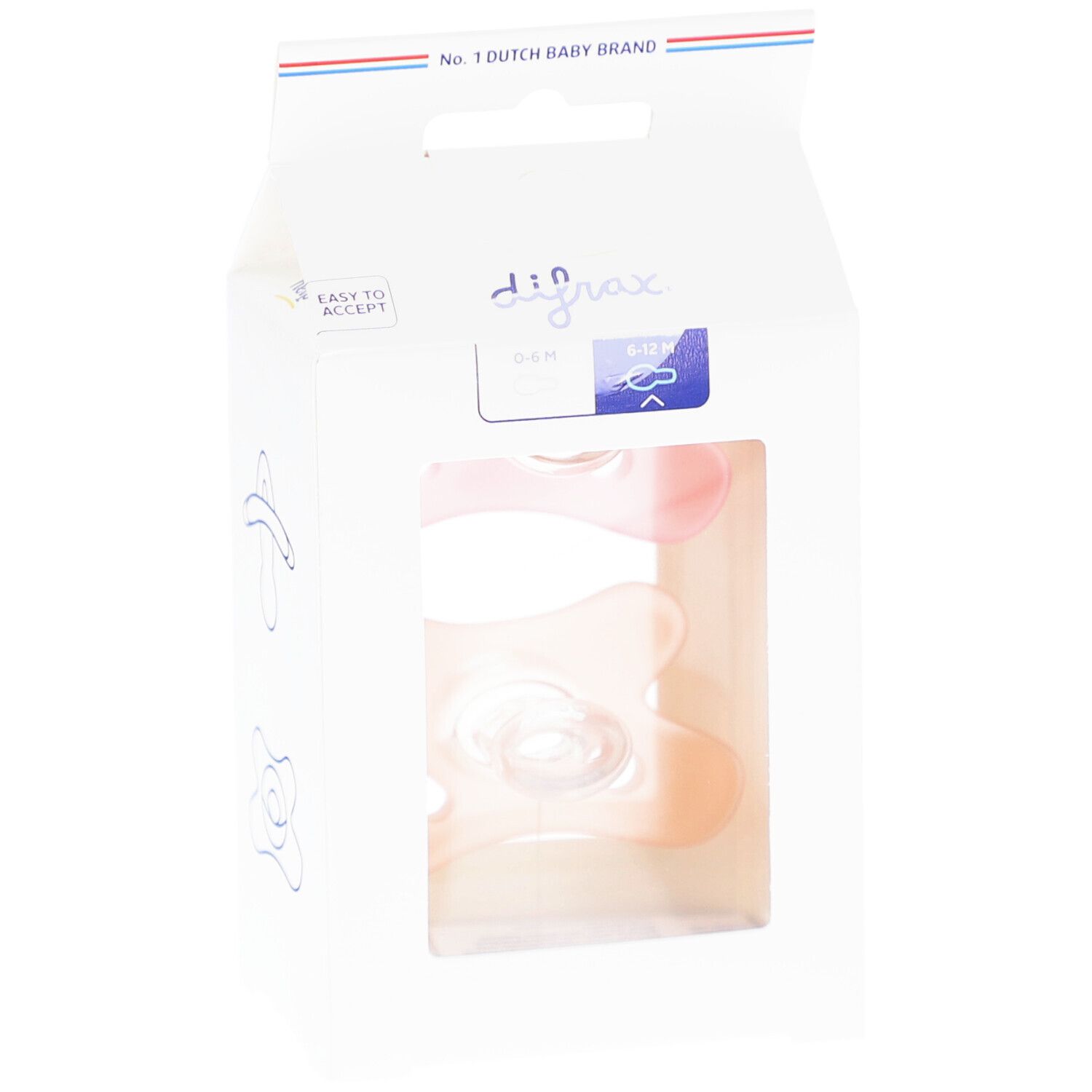 Verpackung mit zwei Schnullern. Sichtbar: 6-12M, Silikon, transparent. Marke: Difrax. Text: Easy to accept.