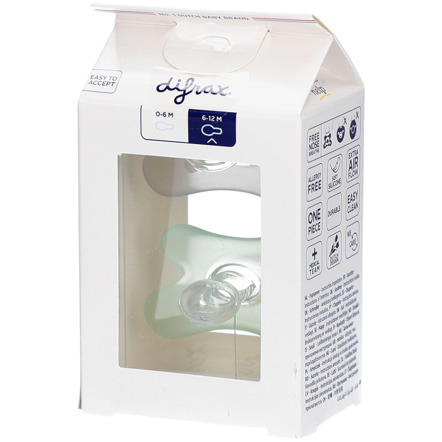 Verpackung mit zwei Schnullern. Auf der Verpackung steht "0-6 M" und "6-12 M". Die Verpackung hat ein Fenster, durch das die Schnuller sichtbar sind.