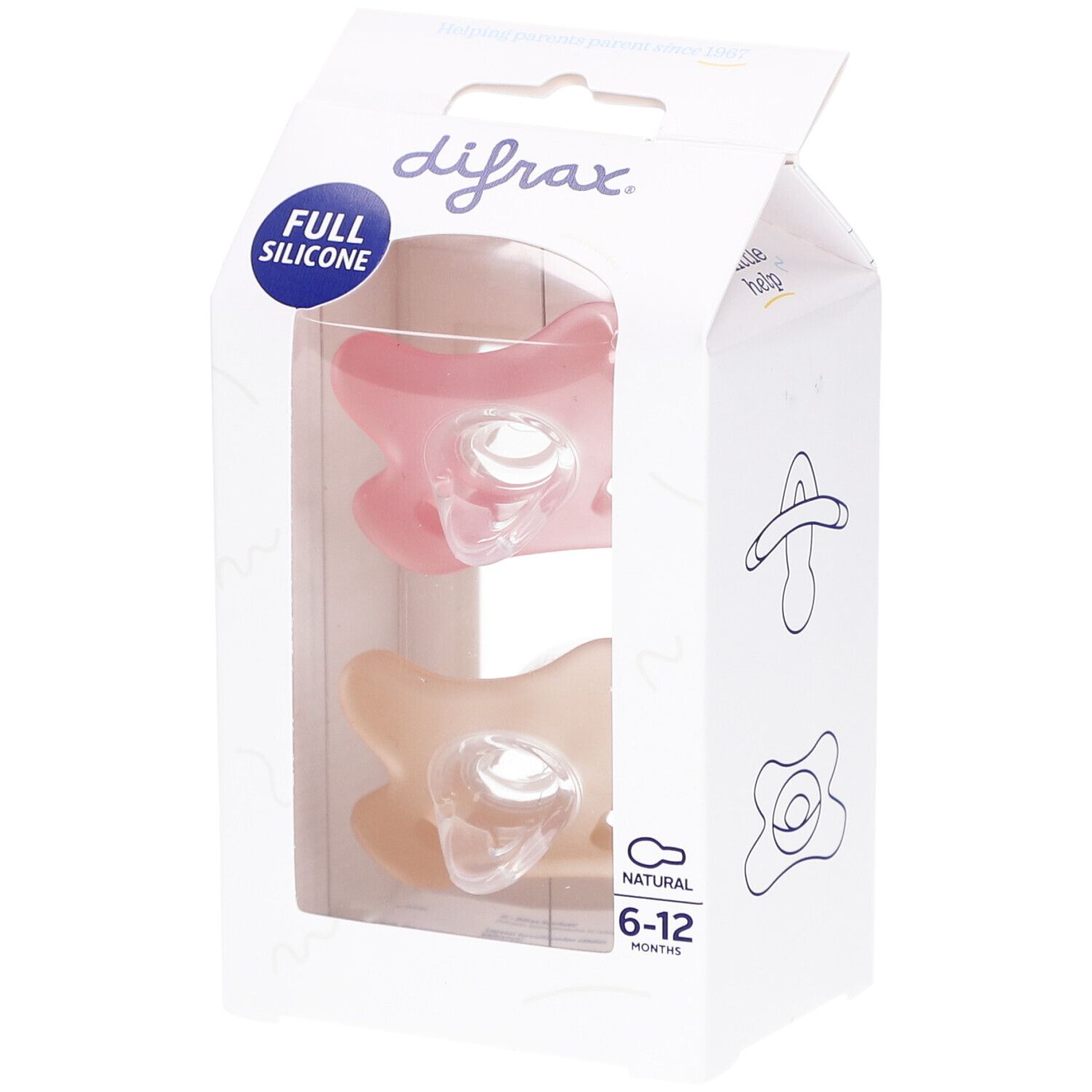 Difrax Fopspeen Natural Silicon 6-12m 2Pack Raspberry/Caramel 2st 2 St Schnuller