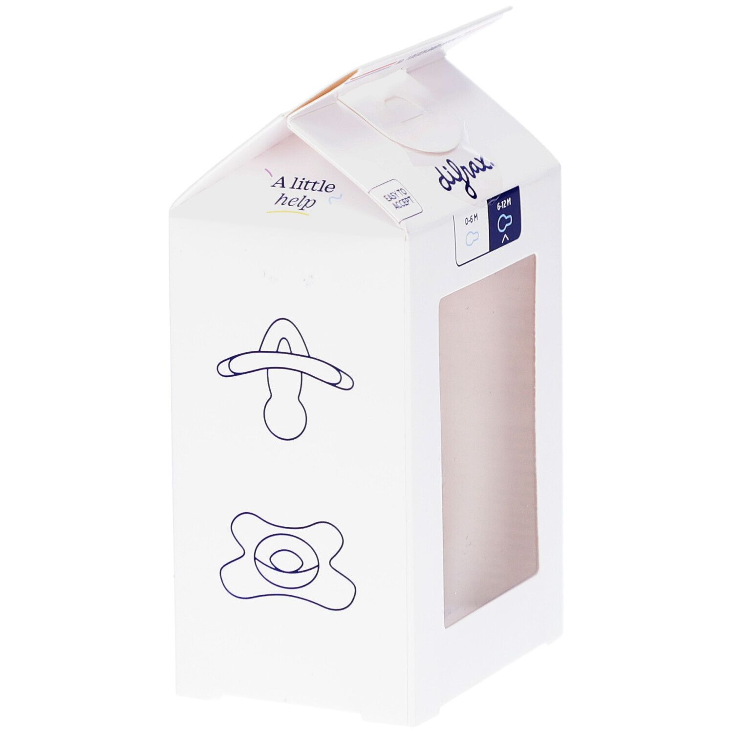 Weiße Verpackung mit Zeichnungen von Schnullern. Marke Difrax.