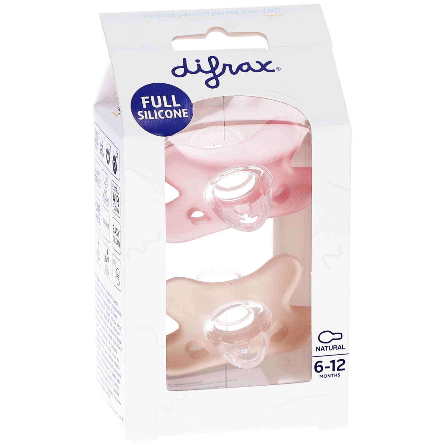 Verpackung mit zwei Schnullern. Rosa und beige. Text: Full Silicone, 6-12 Monate. Marke Difrax.