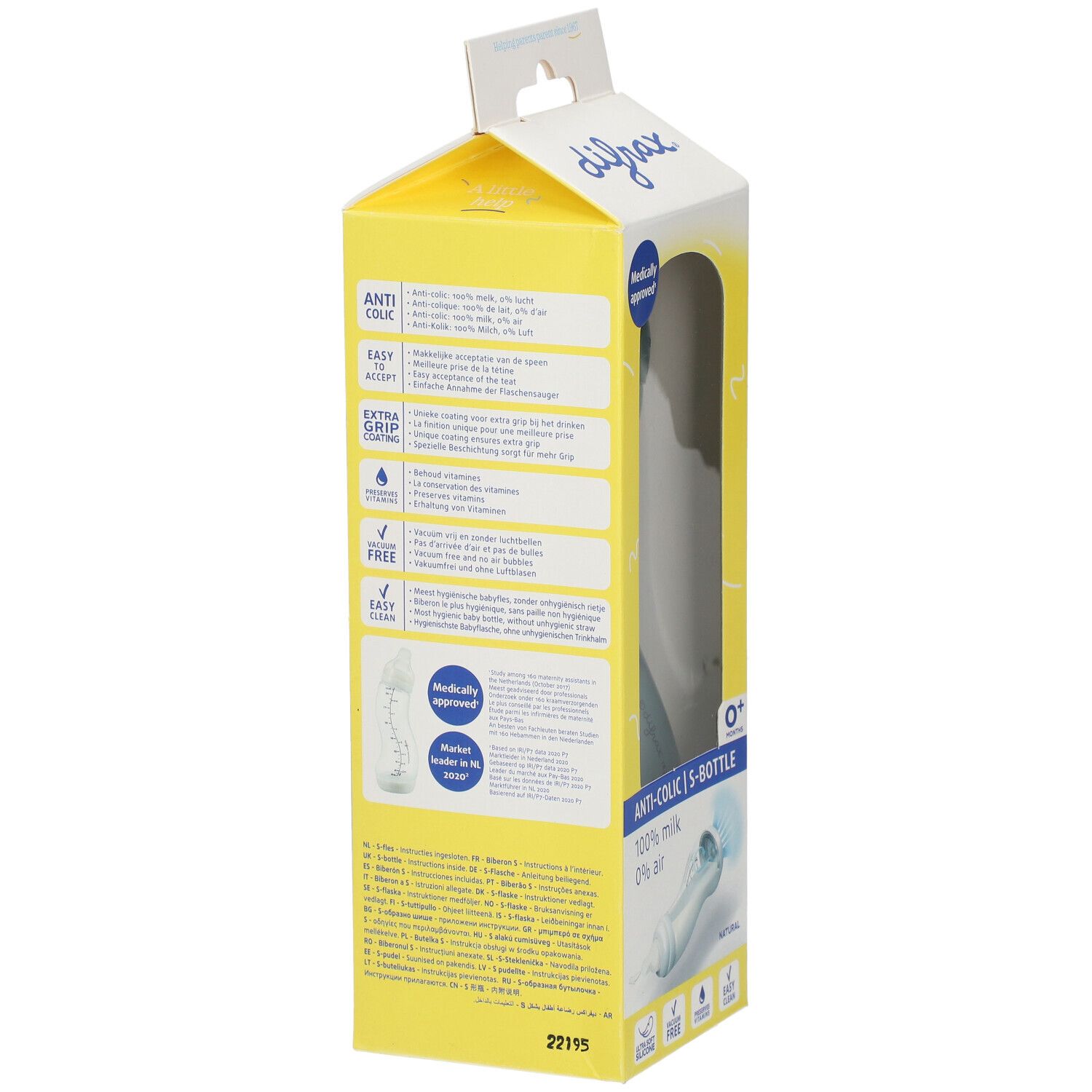 Rückseite der Verpackung. Textinformationen und Illustrationen. Flasche im Querschnitt dargestellt.