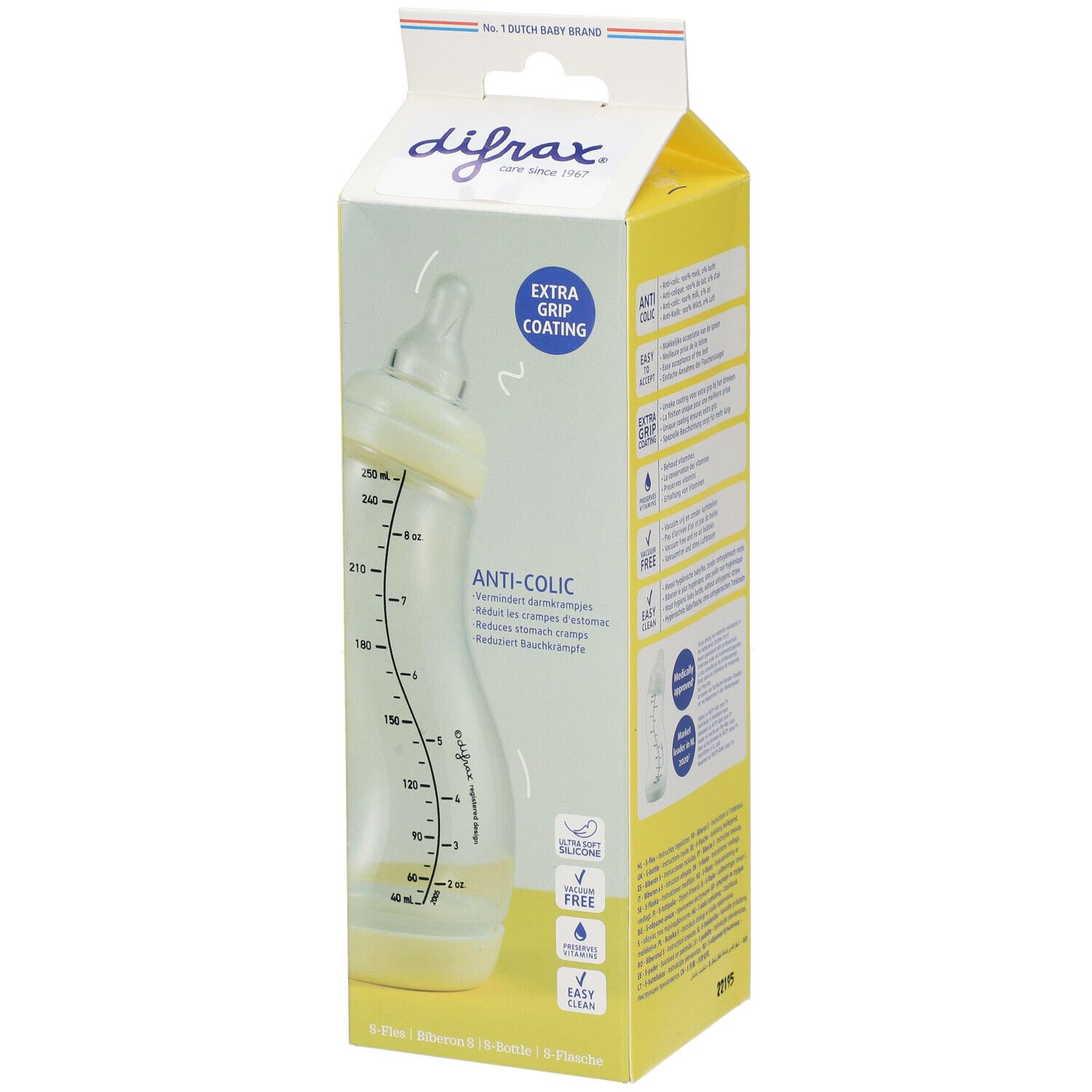 Babyflasche in Verpackung. Transparente Flasche mit Messskala. Aufschrift: Anti-Kolik, Extra Grip Coating.