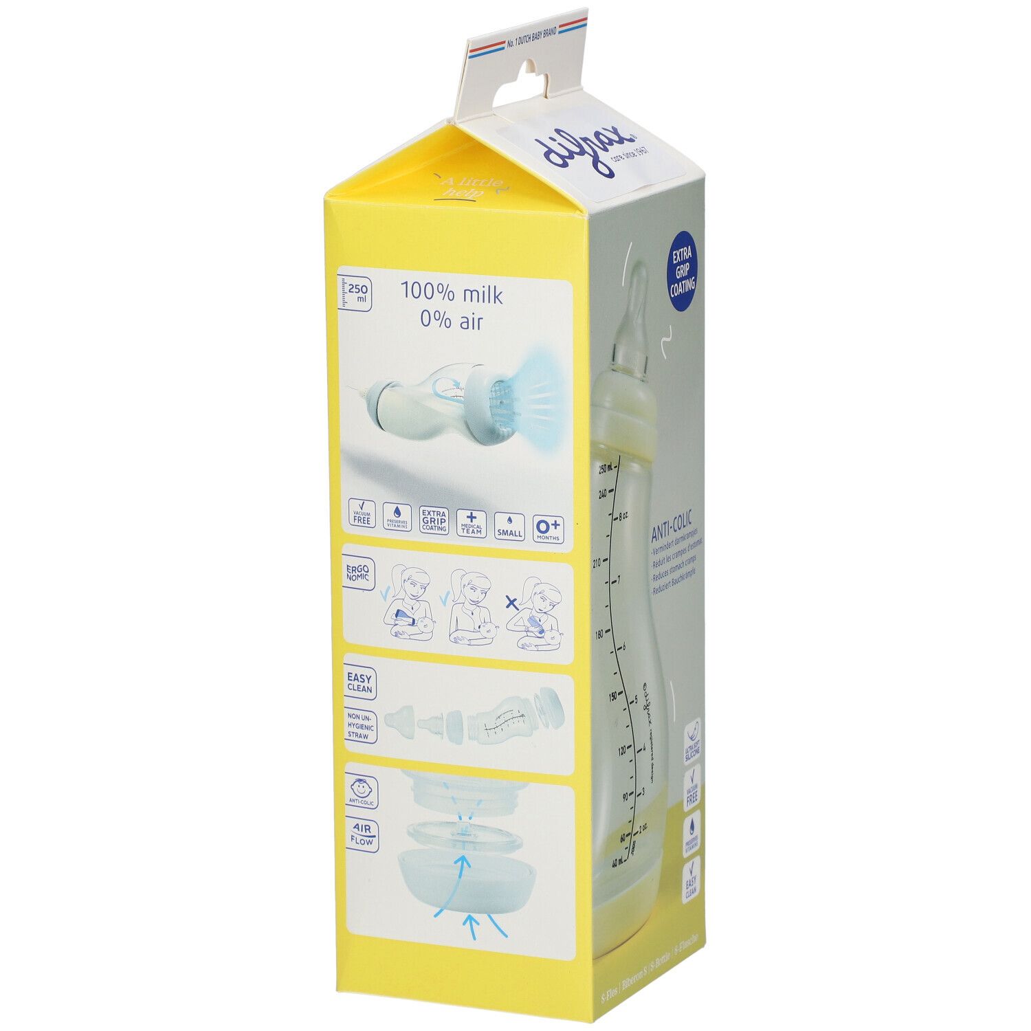Verpackung mit Babyflasche. Flasche mit Messskala. Aufschrift: Anti-Kolik, 0+ Monate, 100% Milch, 0% Luft.
