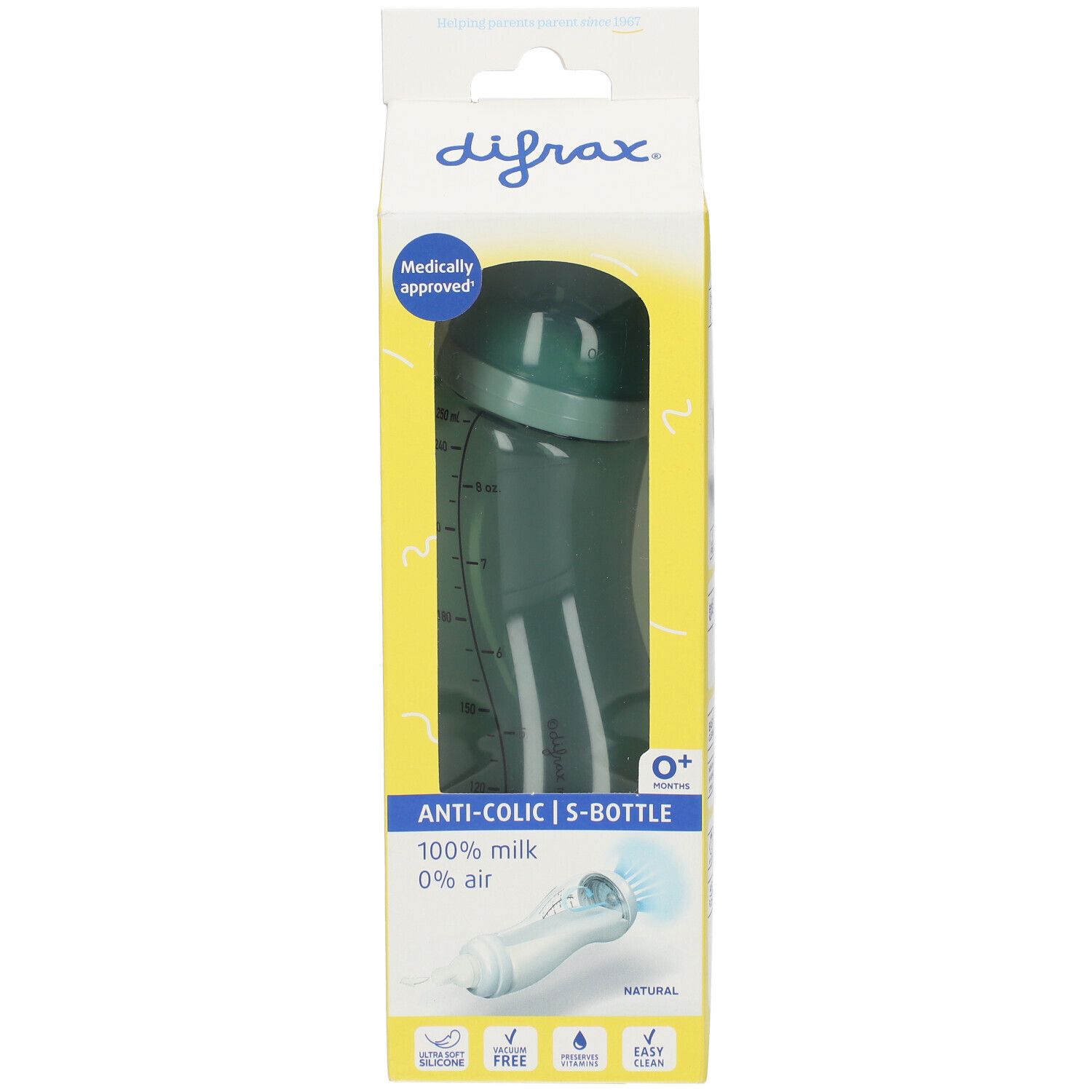 Babyflasche in Verpackung. Grünliche Flasche mit Messskala. Aufschrift: Anti-Kolik, 0+ Monate, 100% Milch, 0% Luft.
