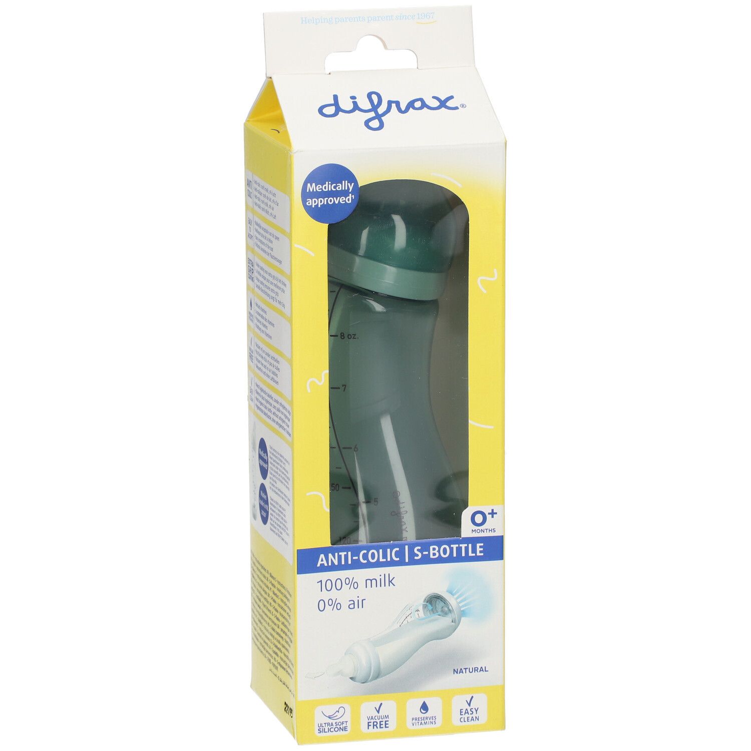 Babyflasche in Verpackung. Grünliche Flasche mit Messskala. Aufschrift: Anti-Kolik, 0+ Monate, 100% Milch, 0% Luft.