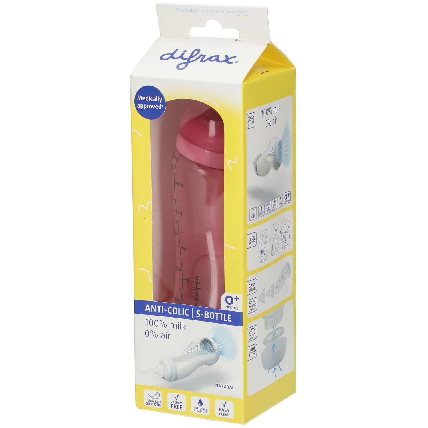 Babyflasche in Verpackung. Rosa Flasche mit Messskala. Aufschrift: Anti-Kolik, 0+.