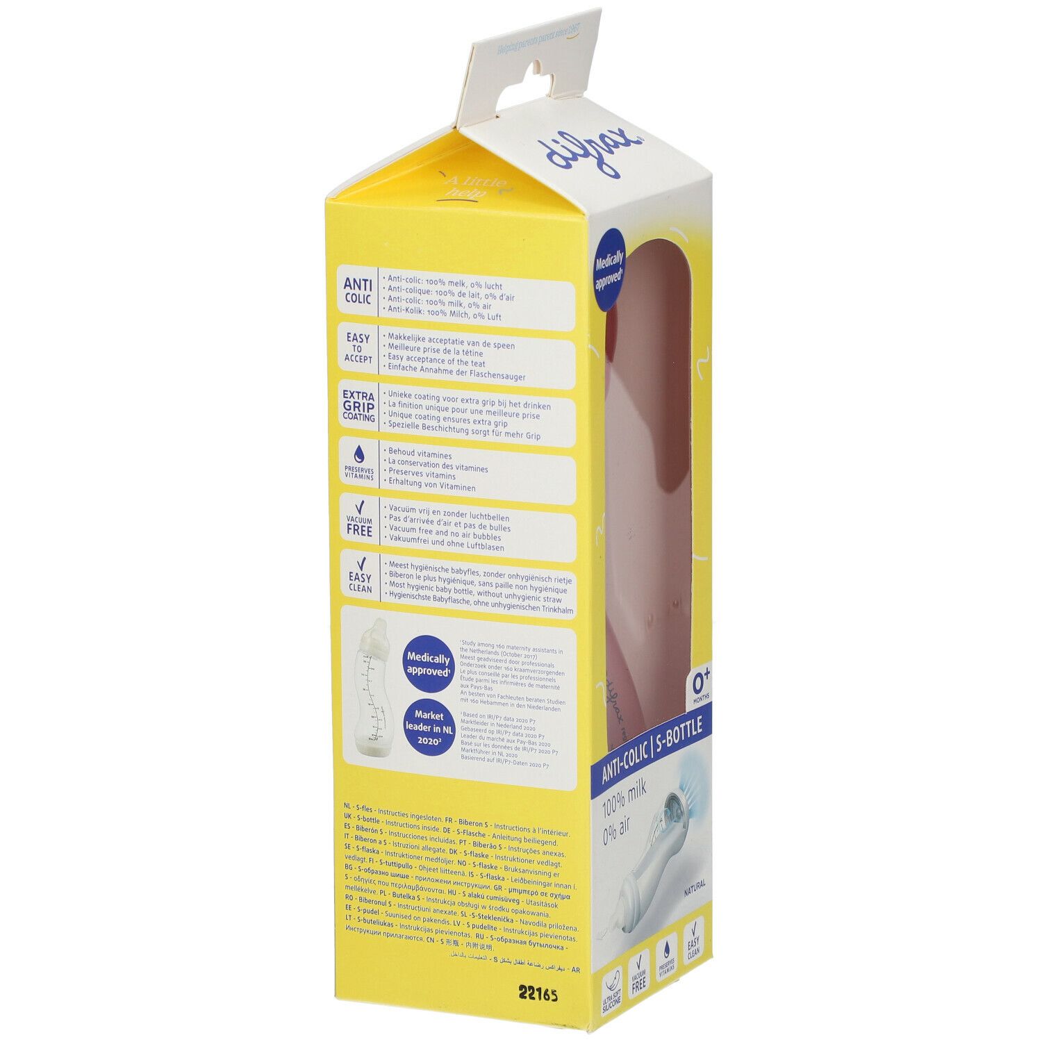Verpackung der Babyflasche. Gelb und weiß. Aufschrift: Anti-Kolik, 0+.