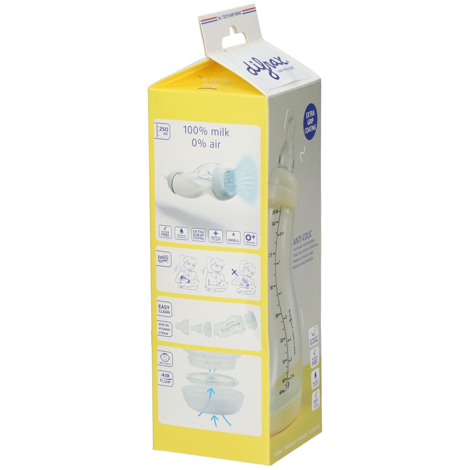 Verpackung der Babyflasche. Gelb und weiß. Aufschrift: Anti-Kolik, 0+.