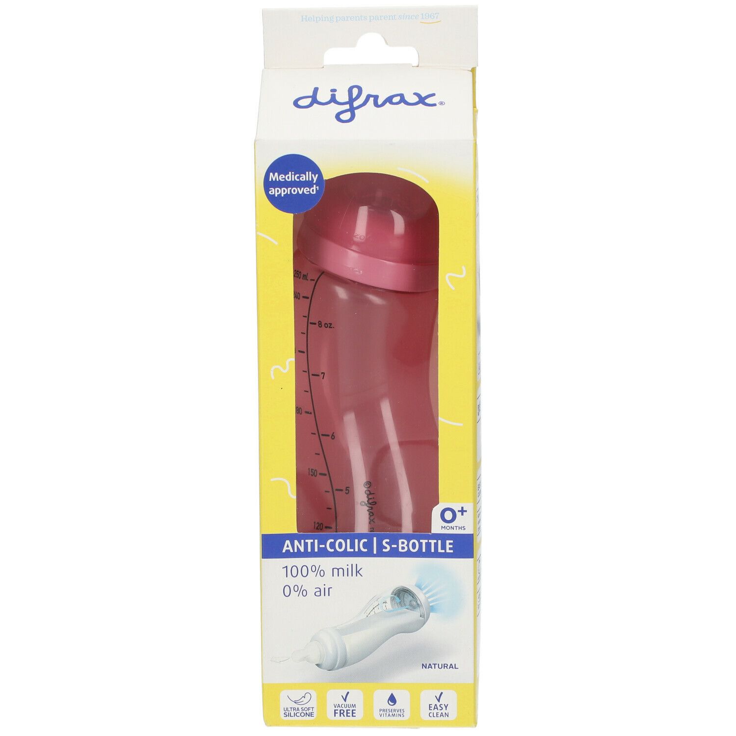 Babyflasche in Verpackung. Rosa Flasche mit Messskala. Aufschrift: Anti-Kolik, 0+.