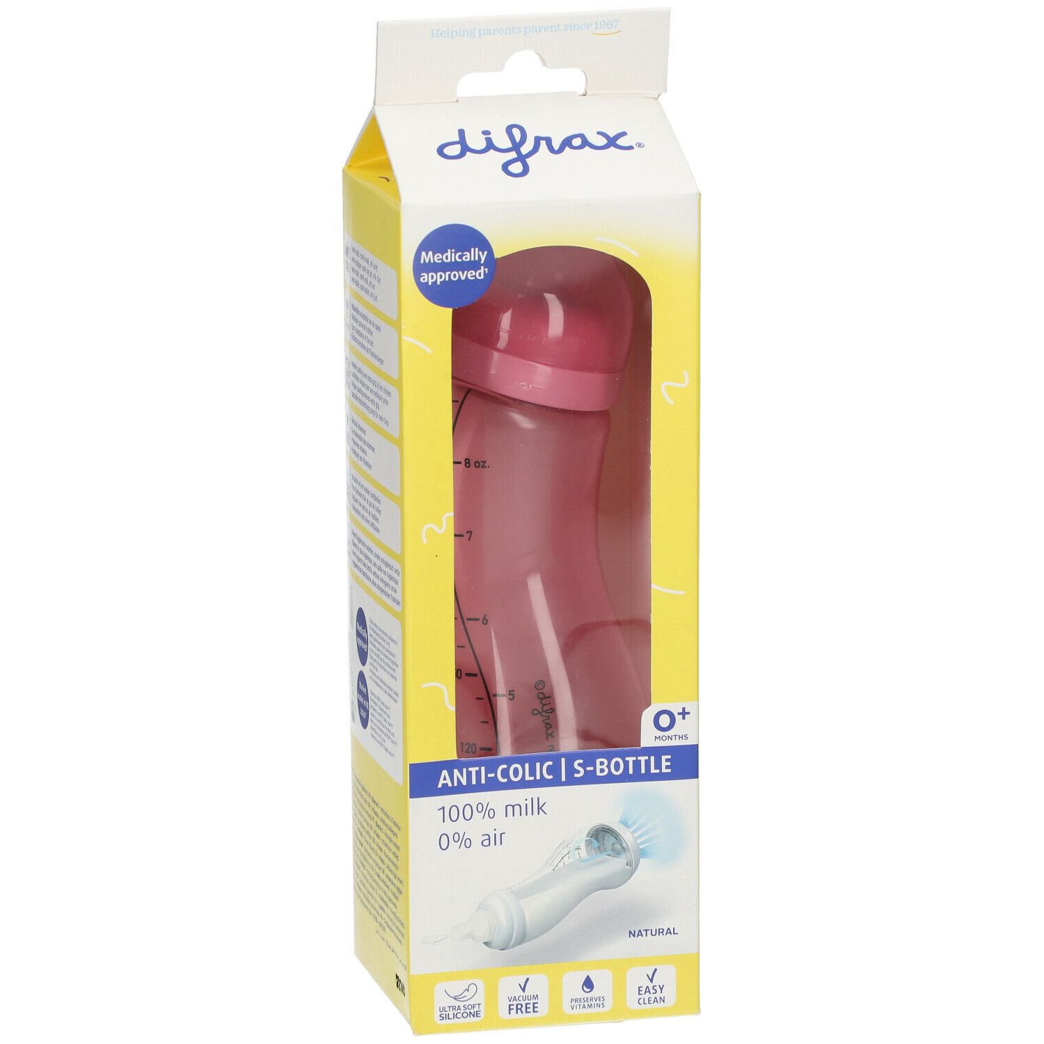 Babyflasche in Verpackung. Rosa Flasche mit Messskala. Aufschrift: Anti-Kolik, 0+.